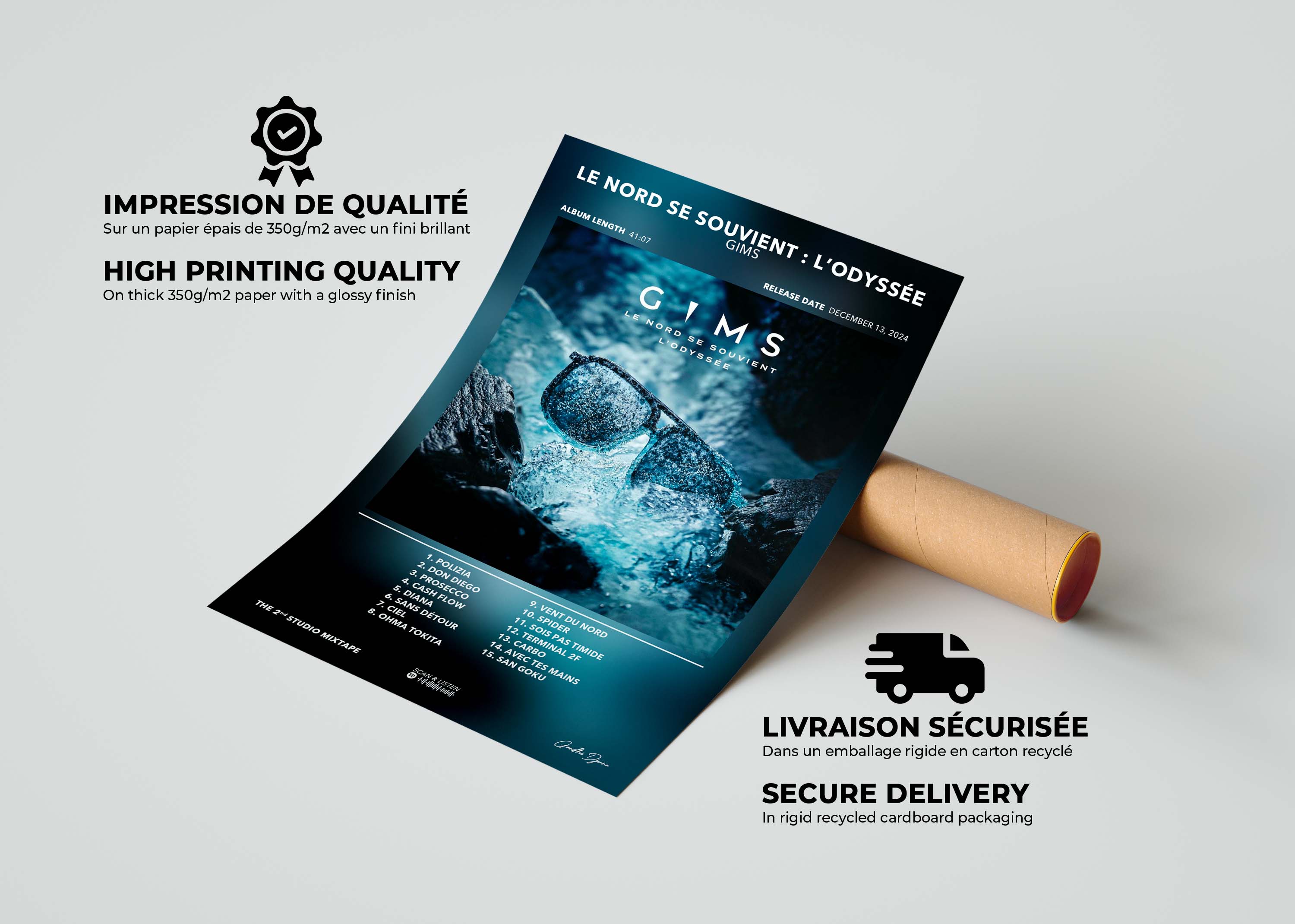 Affiche promotionnelle de l'album Le Nord se souvient de Gims avec impression qualité sur papier épais 350g/m2, fait en France, livraison gratuite sous 48h