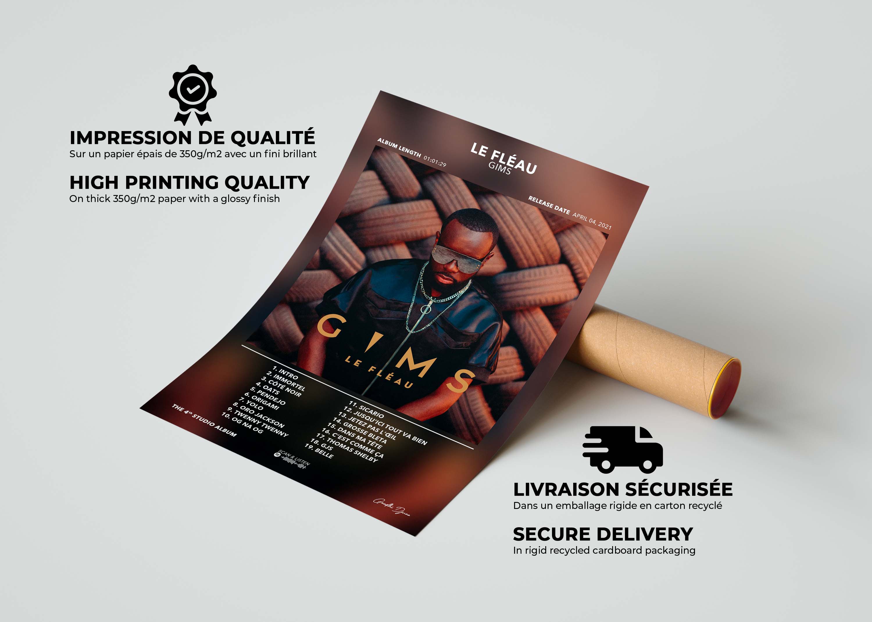 Affiche album Le Fléau de Gims sur papier 350g/m2 avec livraison gratuite en 48h, fait en France