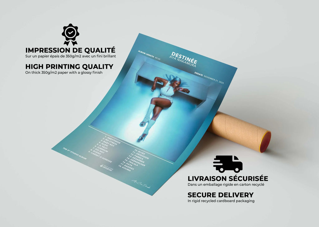 Poster bleu de l'album Destinée d'Aya Nakamura avec impression qualité 350g/m2, fait en France, livraison gratuite en 48h