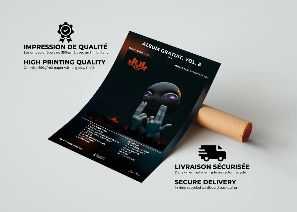 Affiche album gratuit Vol. 8 avec impression qualité 350g/m2, livraison sécurisée en carton recyclé, fait en France avec livraison gratuite en 48h
