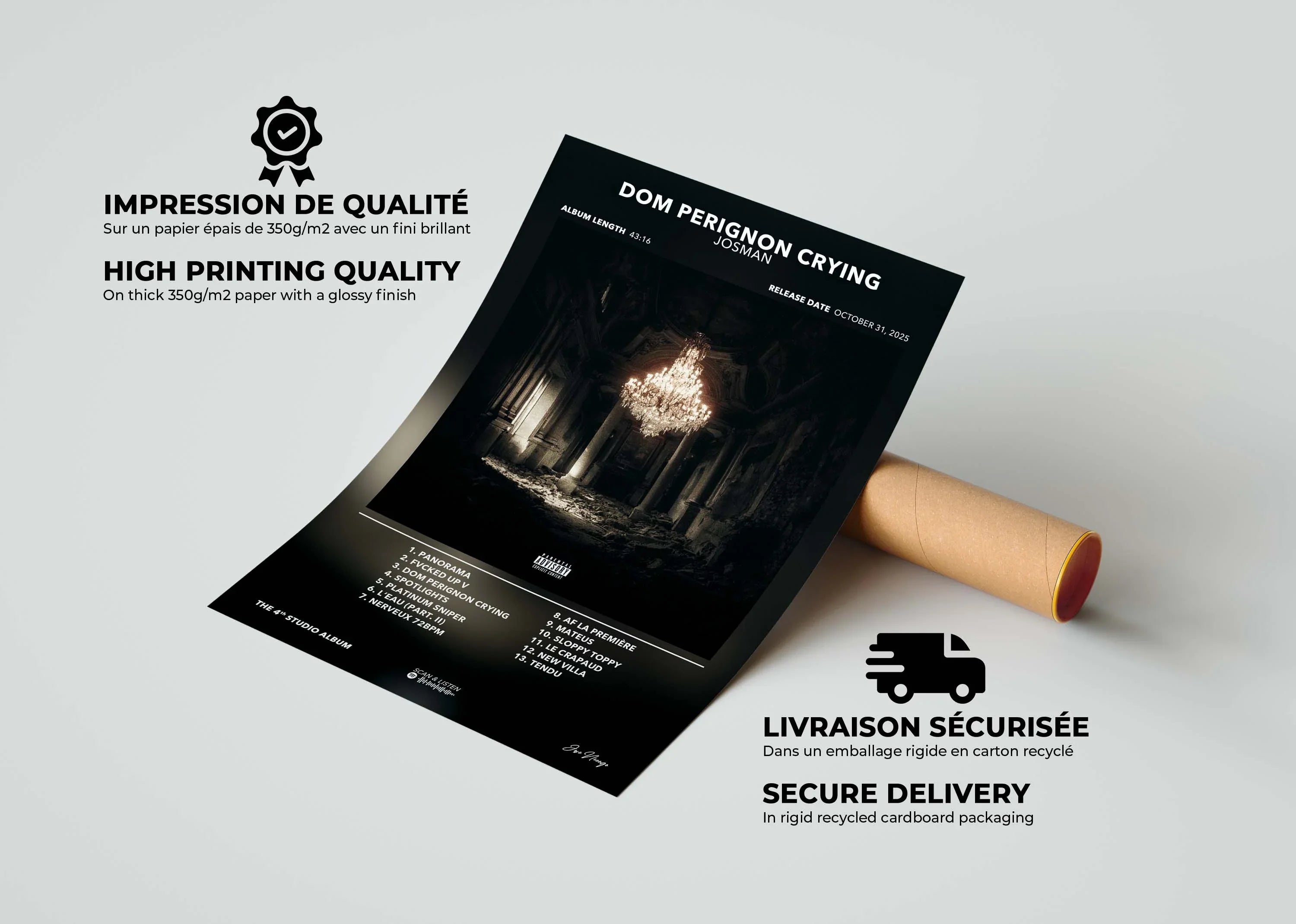 Affiche d'album noir sur papier épais 350g/m2 avec finition brillante, fait en France, livraison gratuite en 48h