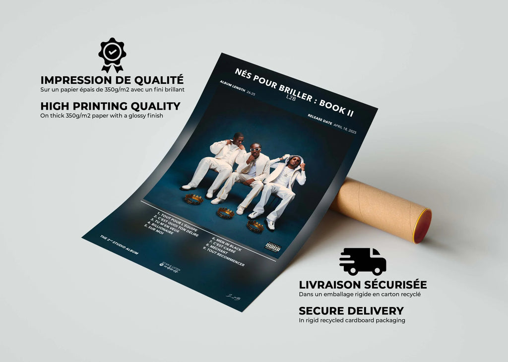 Affiche de l'album Nés pour briller : Book II avec impression haute qualité sur papier 350g, livraison gratuite 48h, fait en France