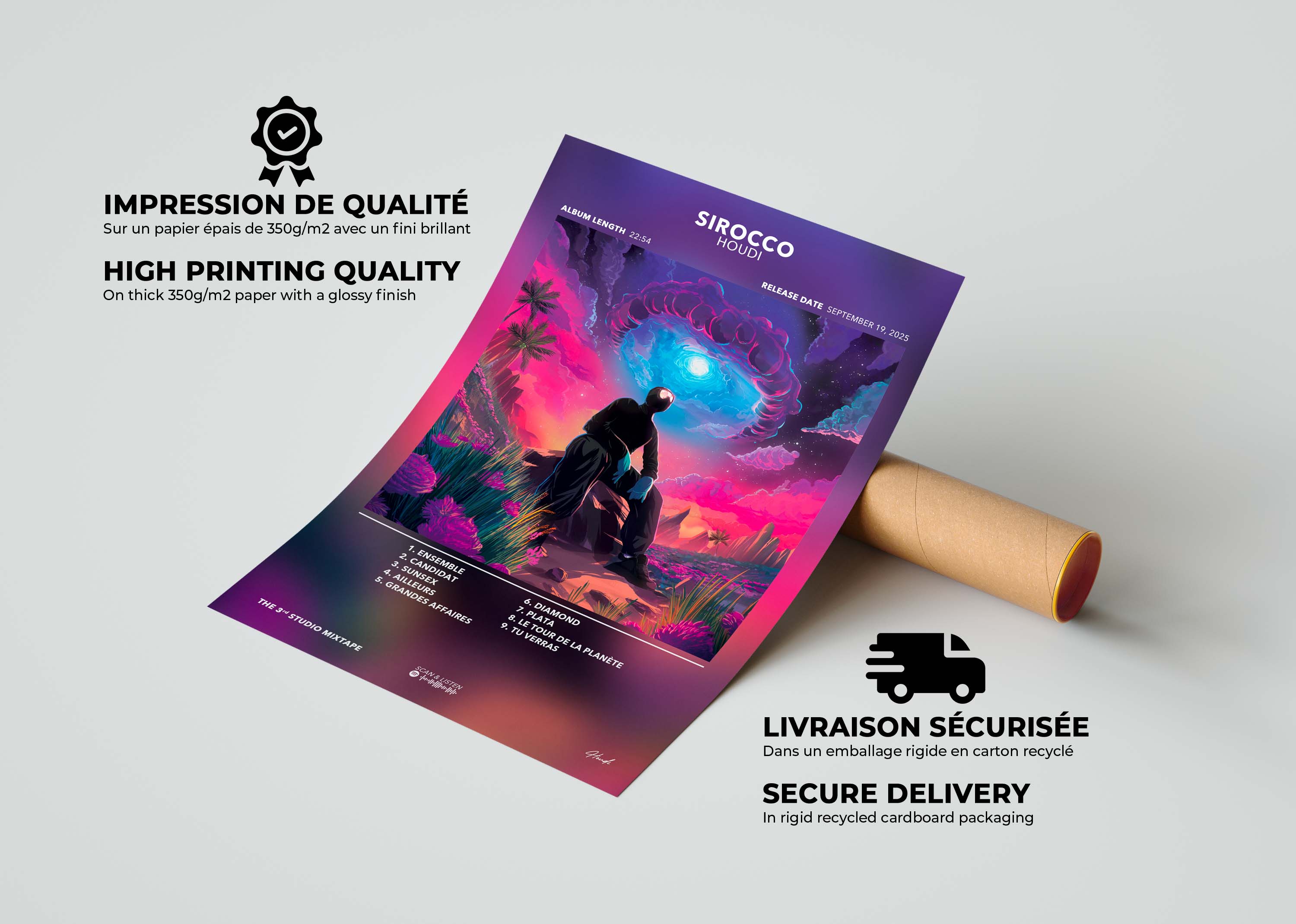 Affiche colorée Sirocco Houdi sur papier 350g/m2 brillant, livraison gratuite en 48h, faite en France