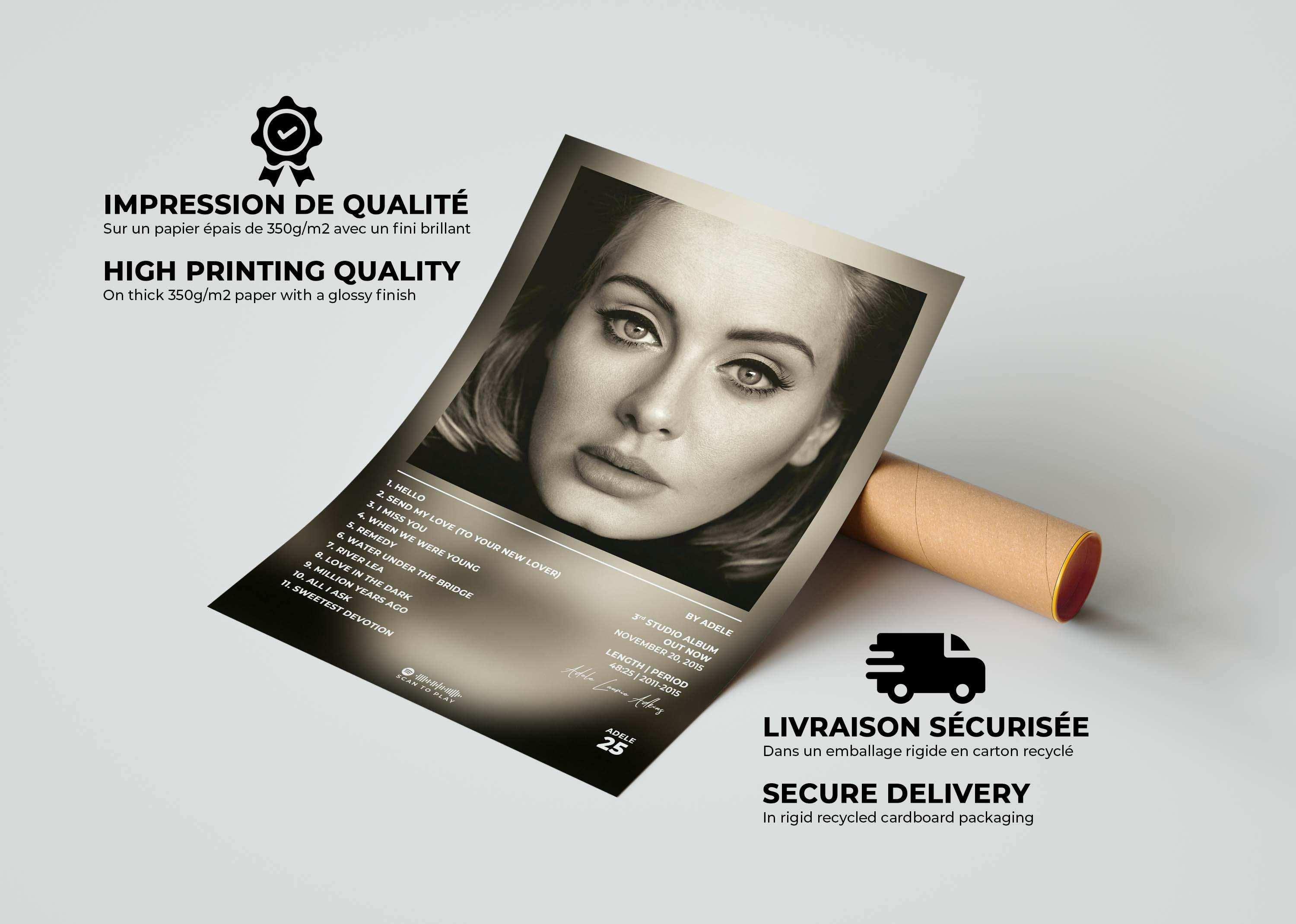 Affiche portrait femme en noir et blanc, tube carton, fait en France, livraison gratuite 48h, cadeau Noël