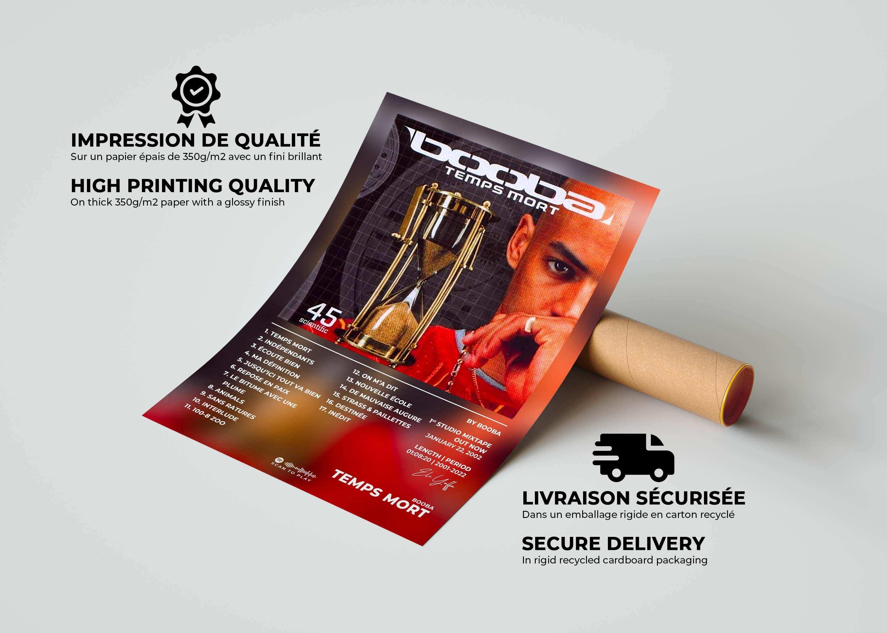 Affiche poster Booba Temps Mort, fait en France, livraison gratuite 48h, cadeau idéal pour Noël