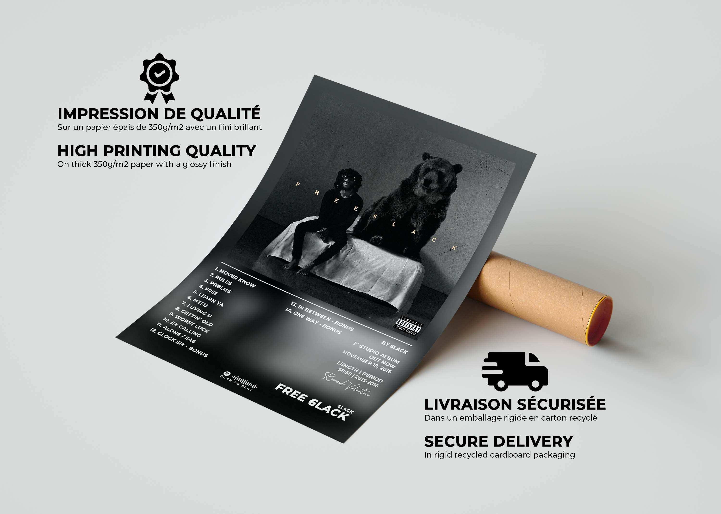 Affiche d’album posée sur une table, faite en France, livraison gratuite 48h, cadeau idéal Noël