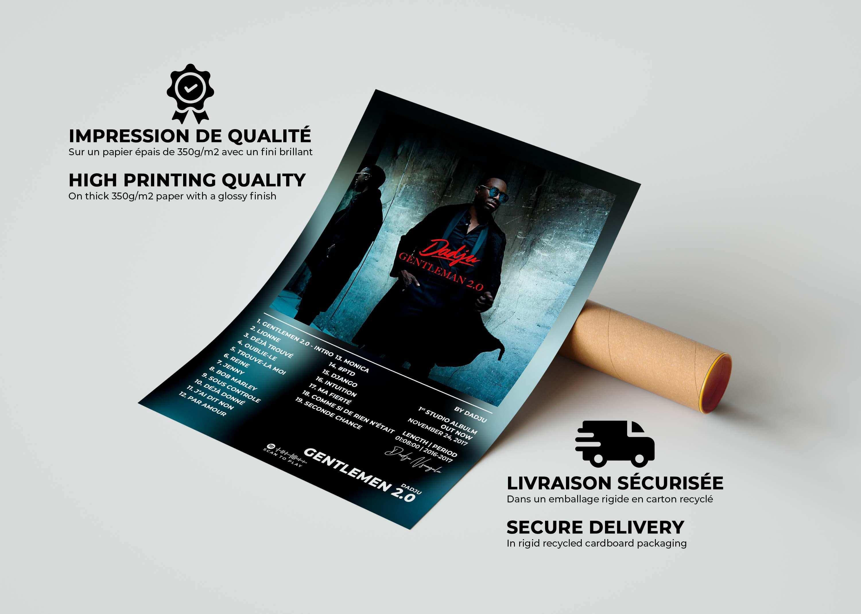 Affiche d'album Gentleman 2.0, impression haute qualité, fait en France, livraison gratuite 48h, cadeau idéal Noël.
