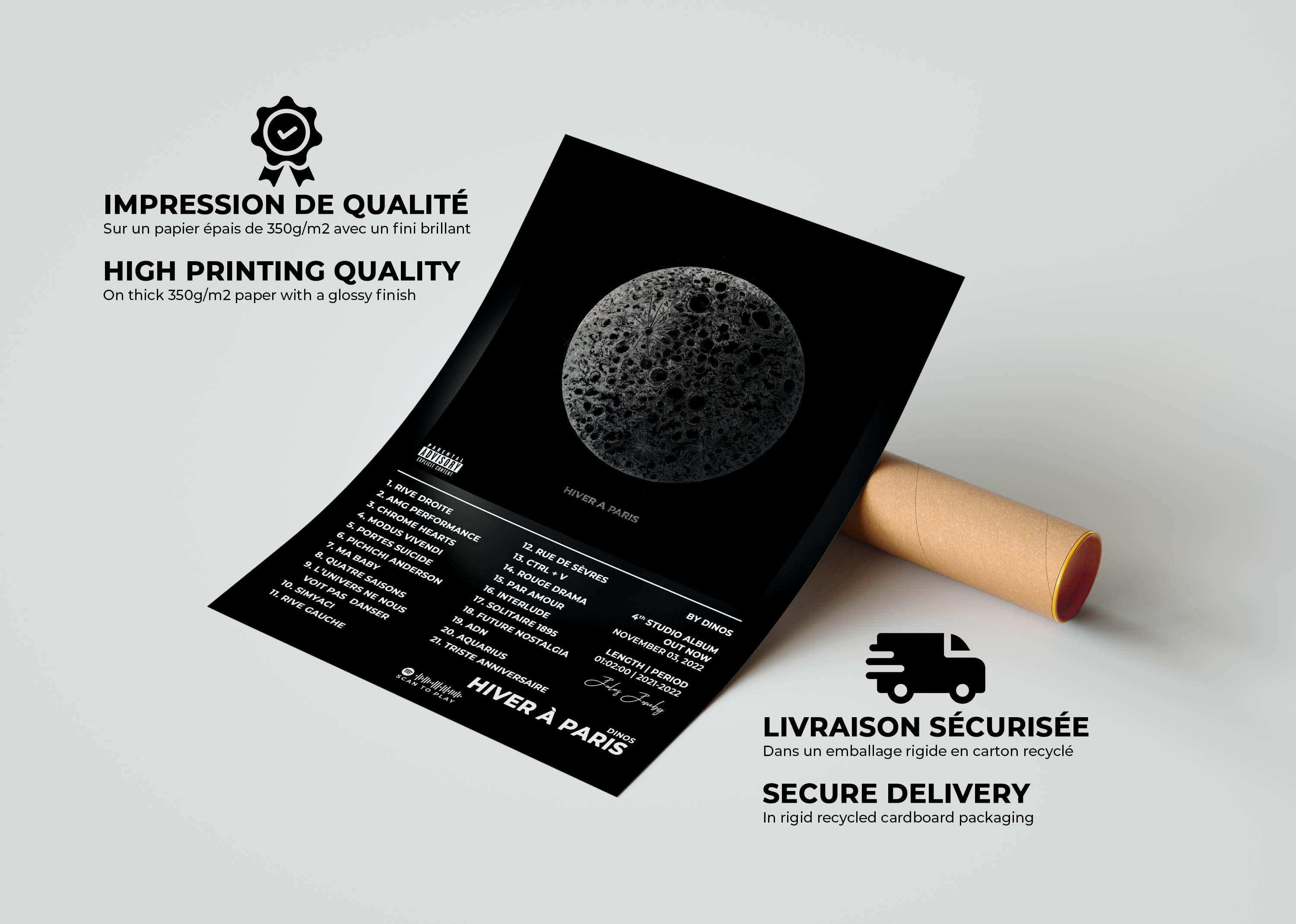 Affiche Hiver à Paris roulée près d'un tube carton, fait en France, livraison gratuite 48h, cadeau Noël idéal.