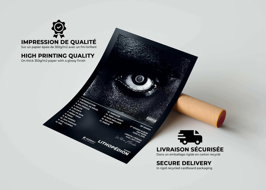 Affiche poster album Lithopédion Damso, fait en France, livraison gratuite 48h, cadeau idéal pour Noel