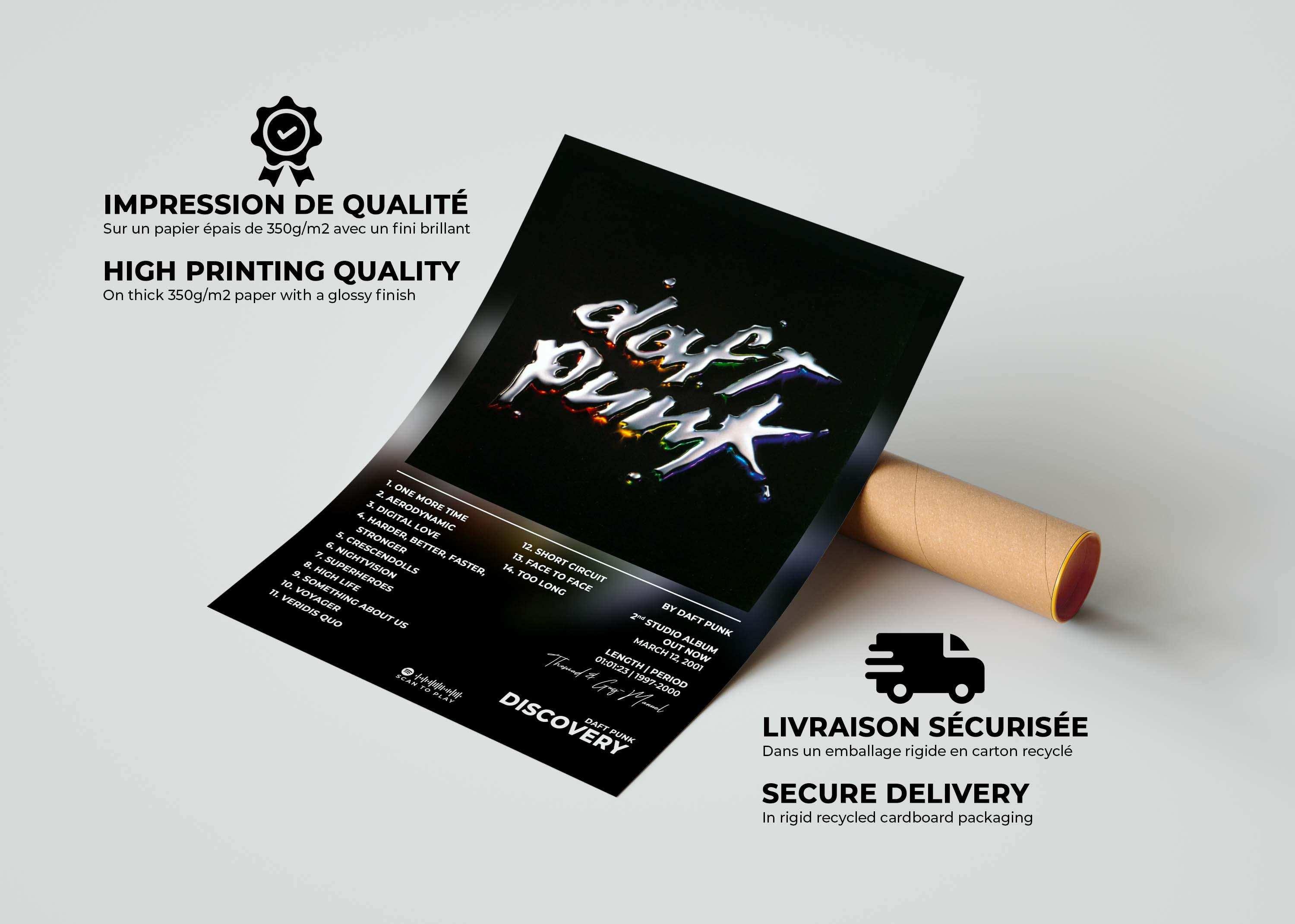 Affiche Daft Punk posée à côté d’un tube carton, faite en France, livraison gratuite 48h, cadeau idéal Noël