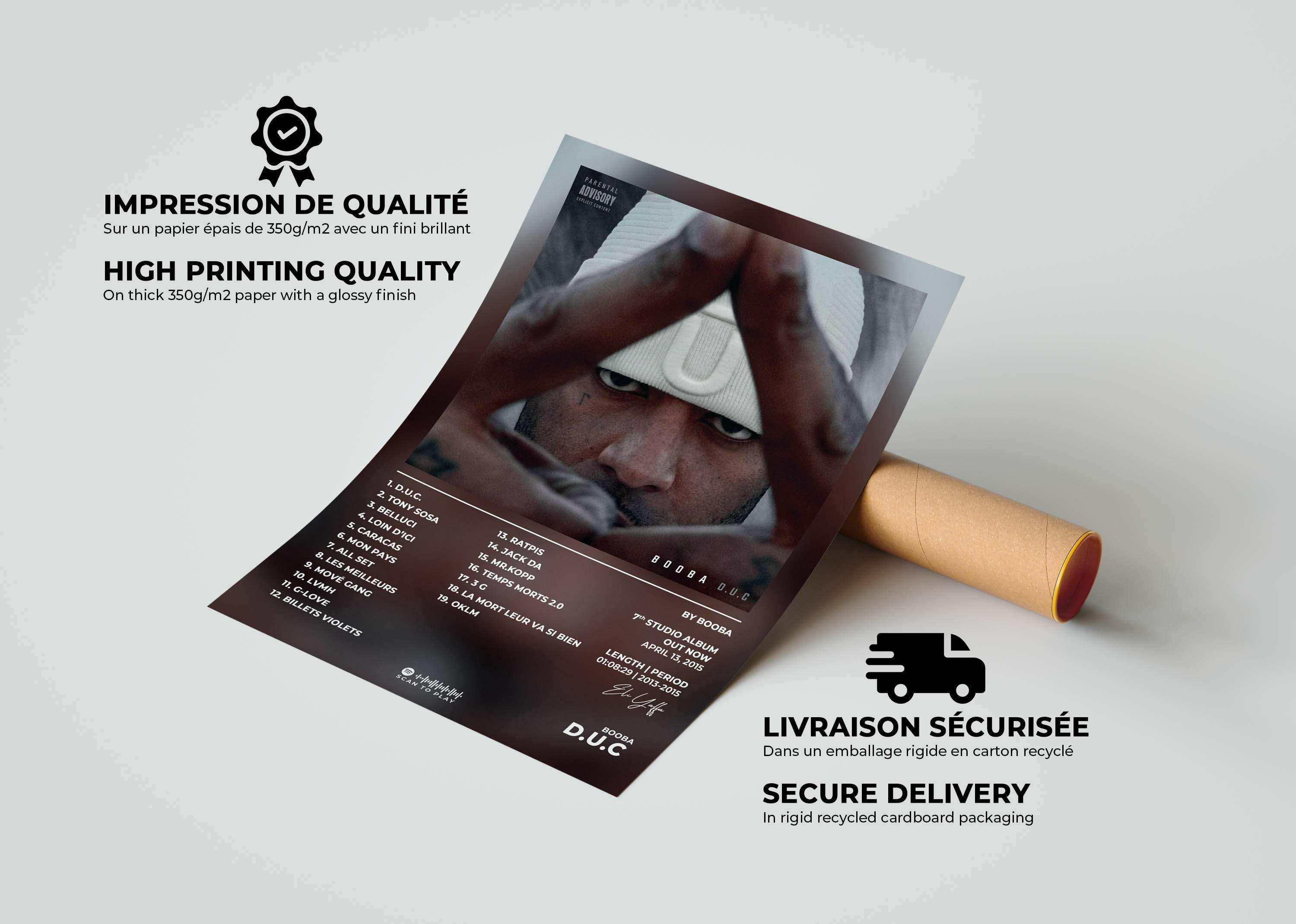 Affiche d’album rap posée sur tube carton, fait en France, livraison gratuite 48h, cadeau Noël idéal