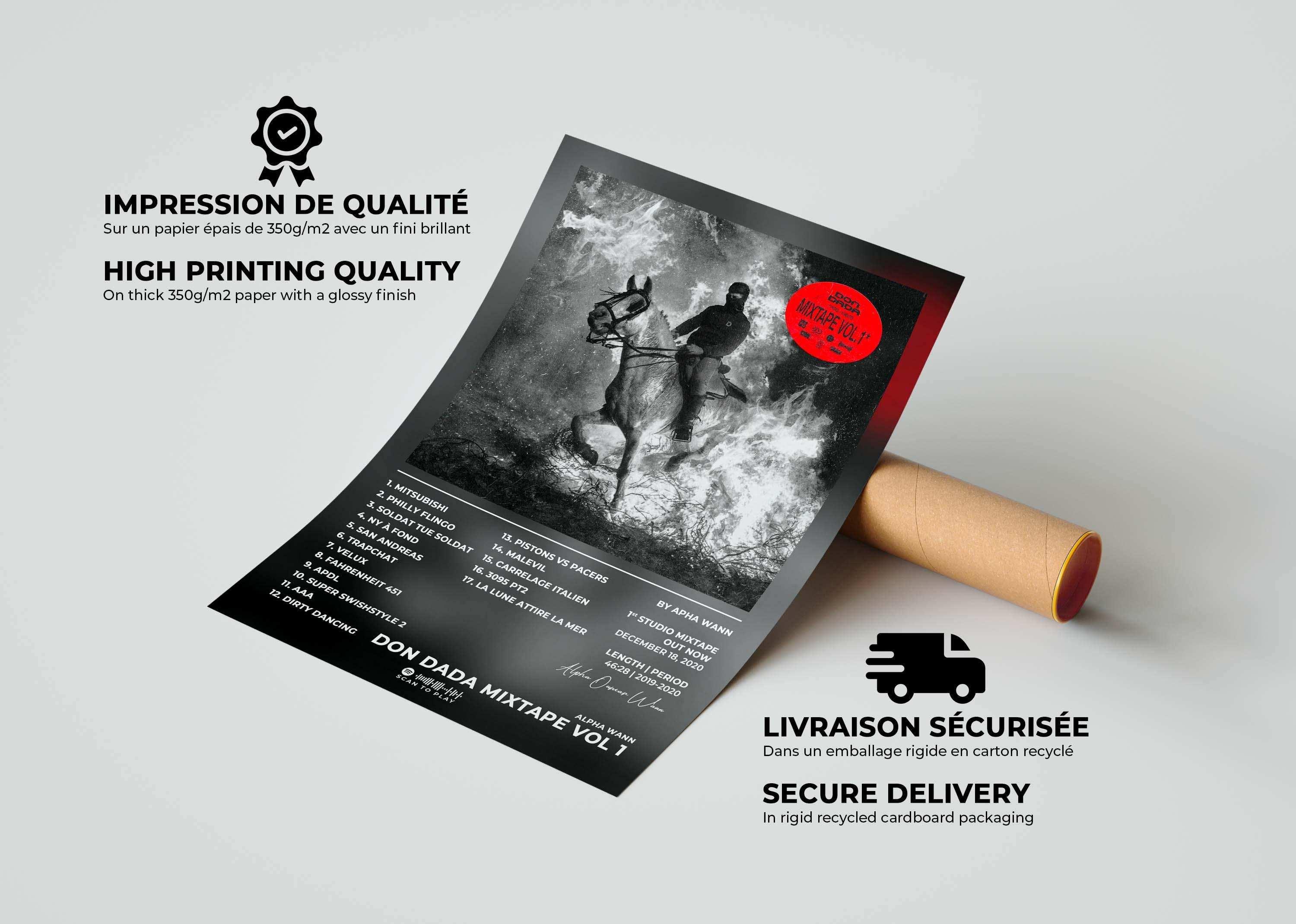 Affiche noire Don Dada Mixtape Vol 1 sur fond blanc, fait en France, livraison gratuite 48h, cadeau idéal Noël