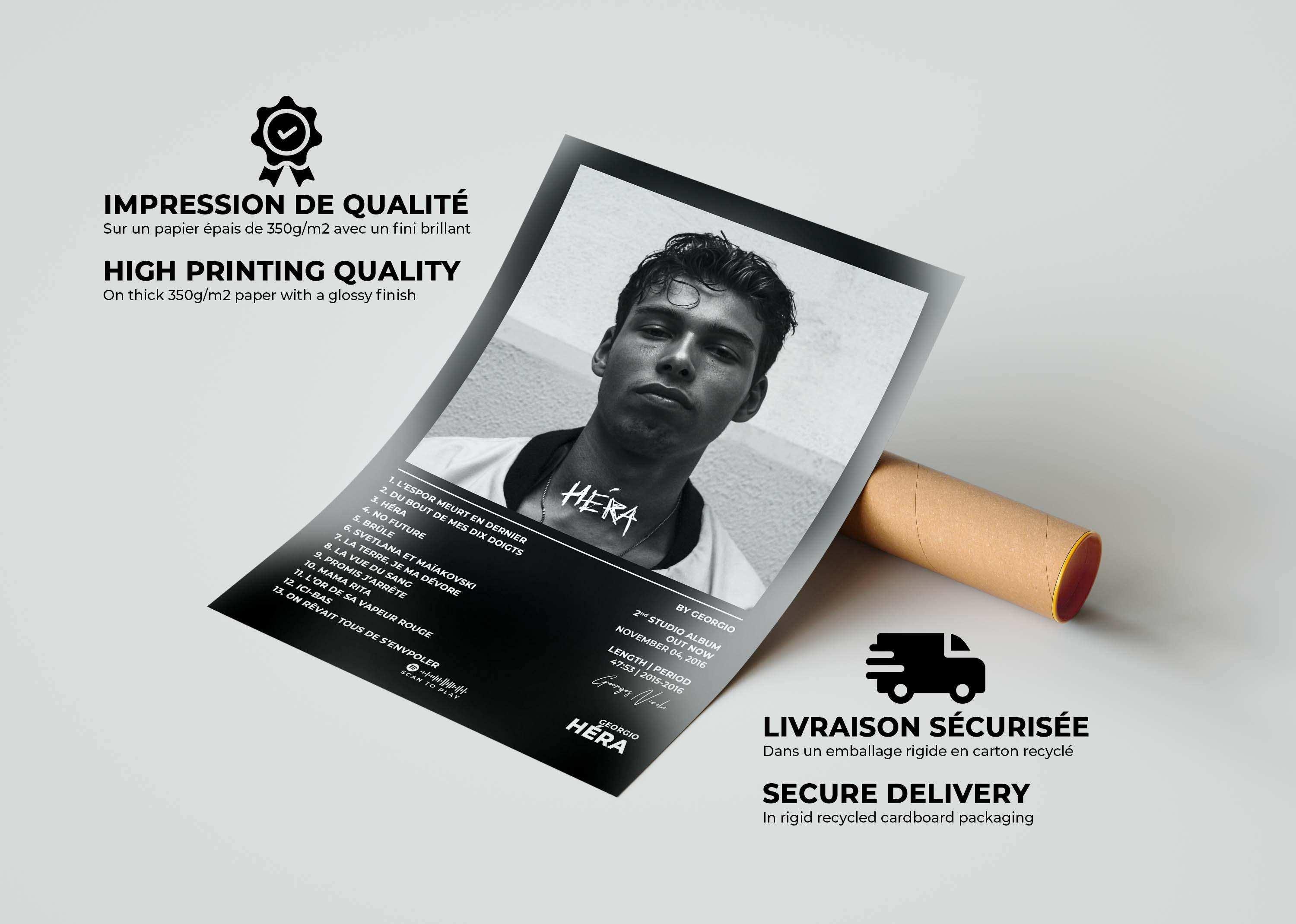 Affiche photo noir et blanc enroulée, faite en France, livraison gratuite 48h, cadeau idéal Noël