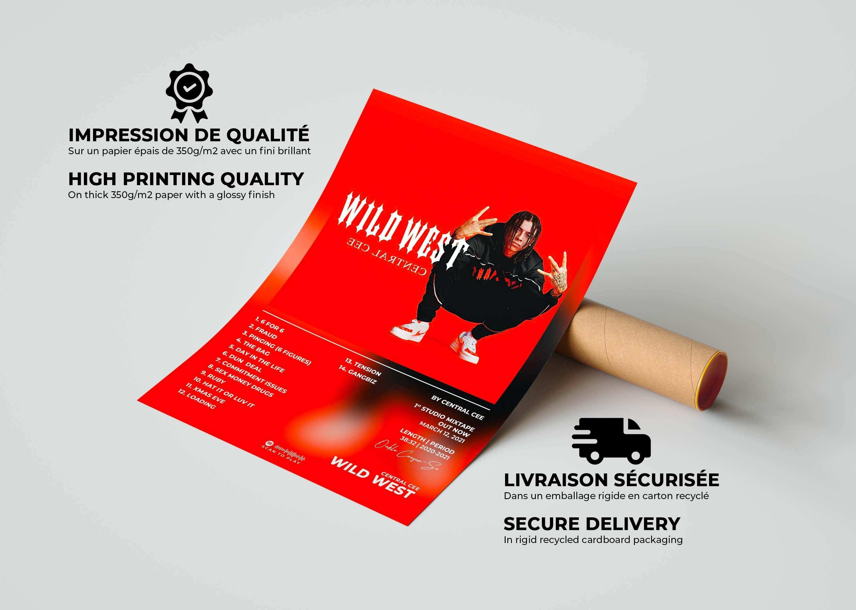 Affiche rouge Wild West Central Cee sur tube carton, fait en France, livraison gratuite 48h, cadeau Noël idéal.