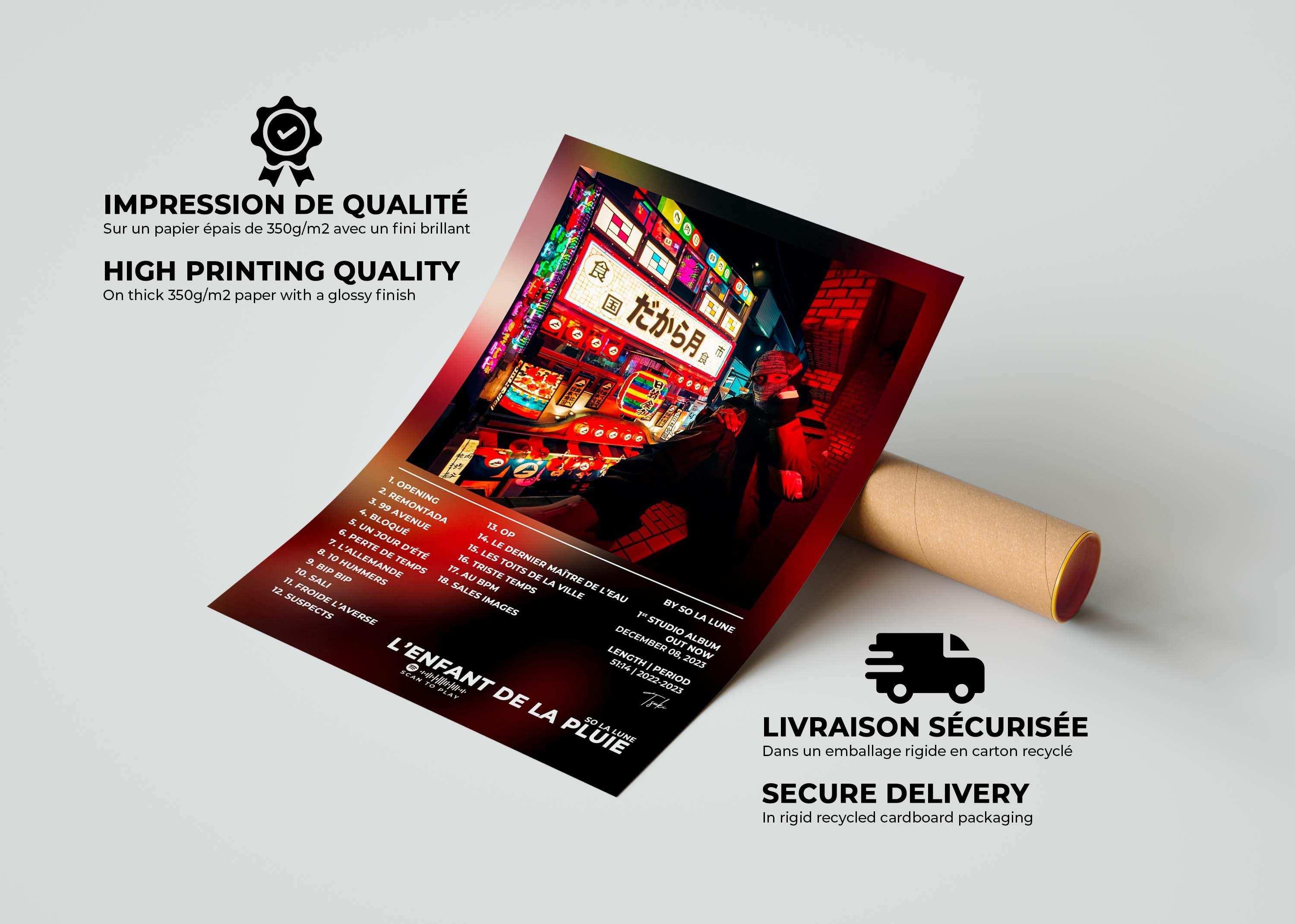 Affiche album L'Enfant de la Pluie, néons colorés, fait en France, livraison gratuite 48h, cadeau idéal Noël