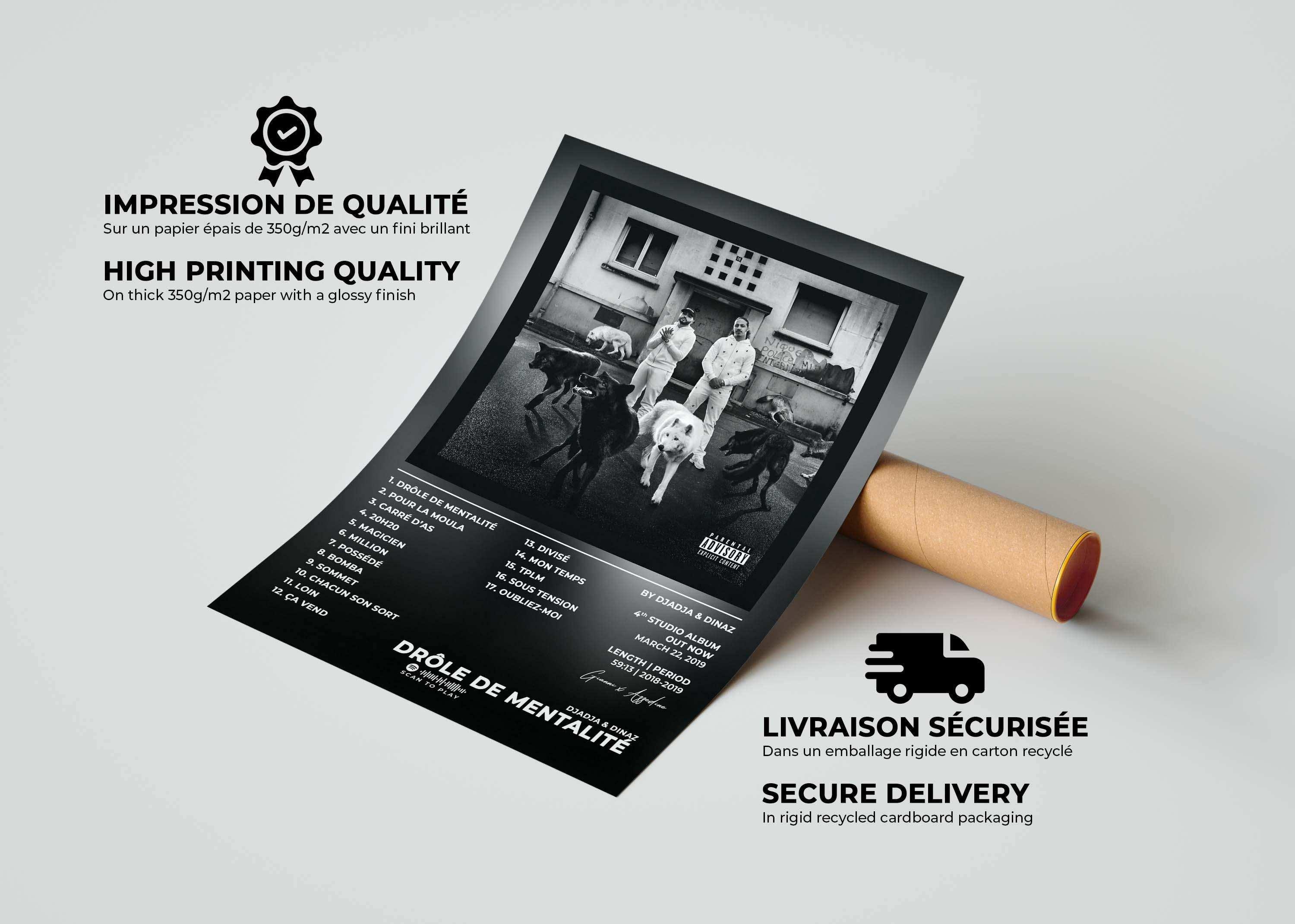 Affiche album Drôle de Mentalité posée près d’un tube, fait en France, livraison gratuite 48h, cadeau idéal Noël