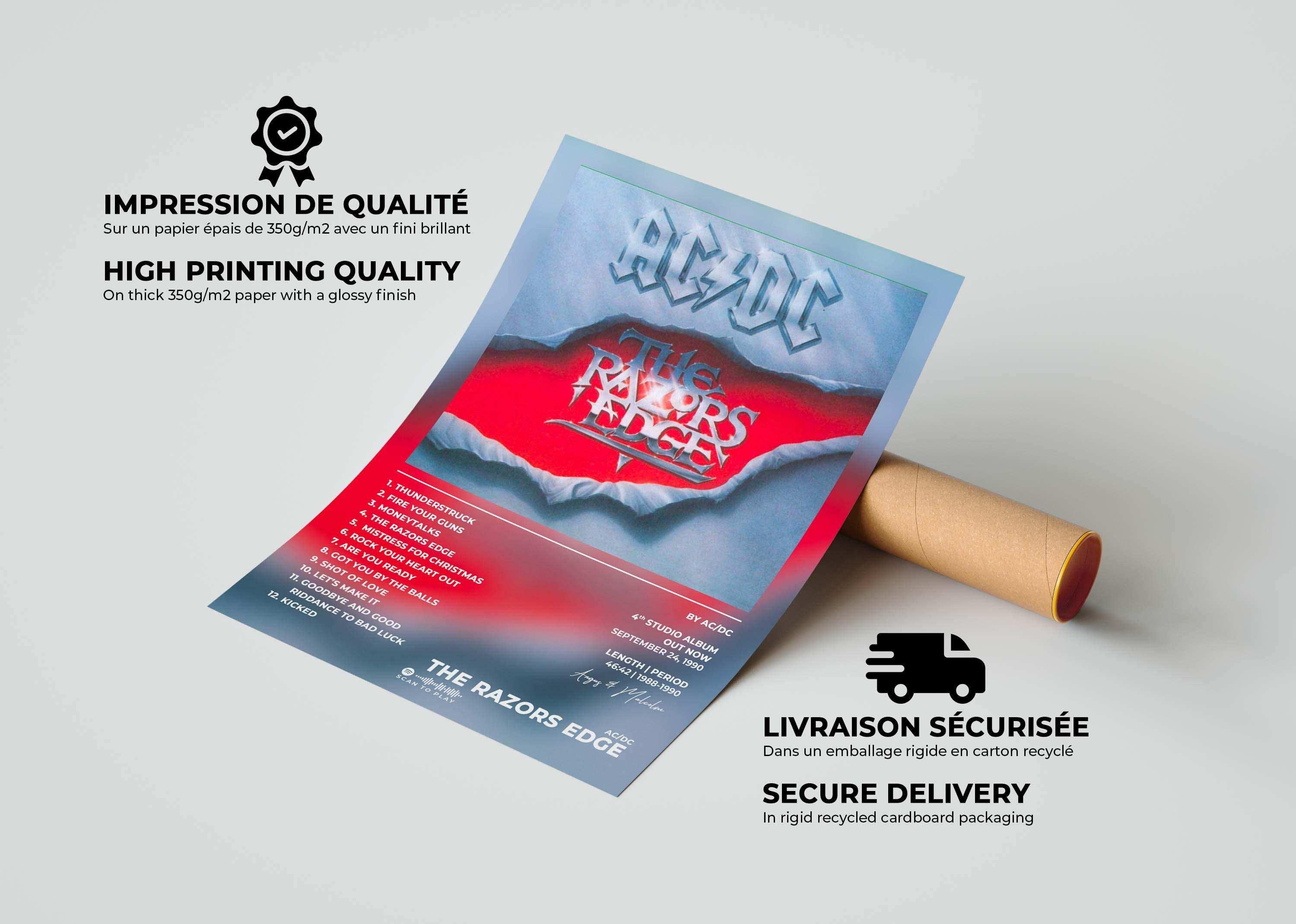 Affiche AC/DC The Razors Edge, fait en France, livraison gratuite 48h, cadeau idéal Noël