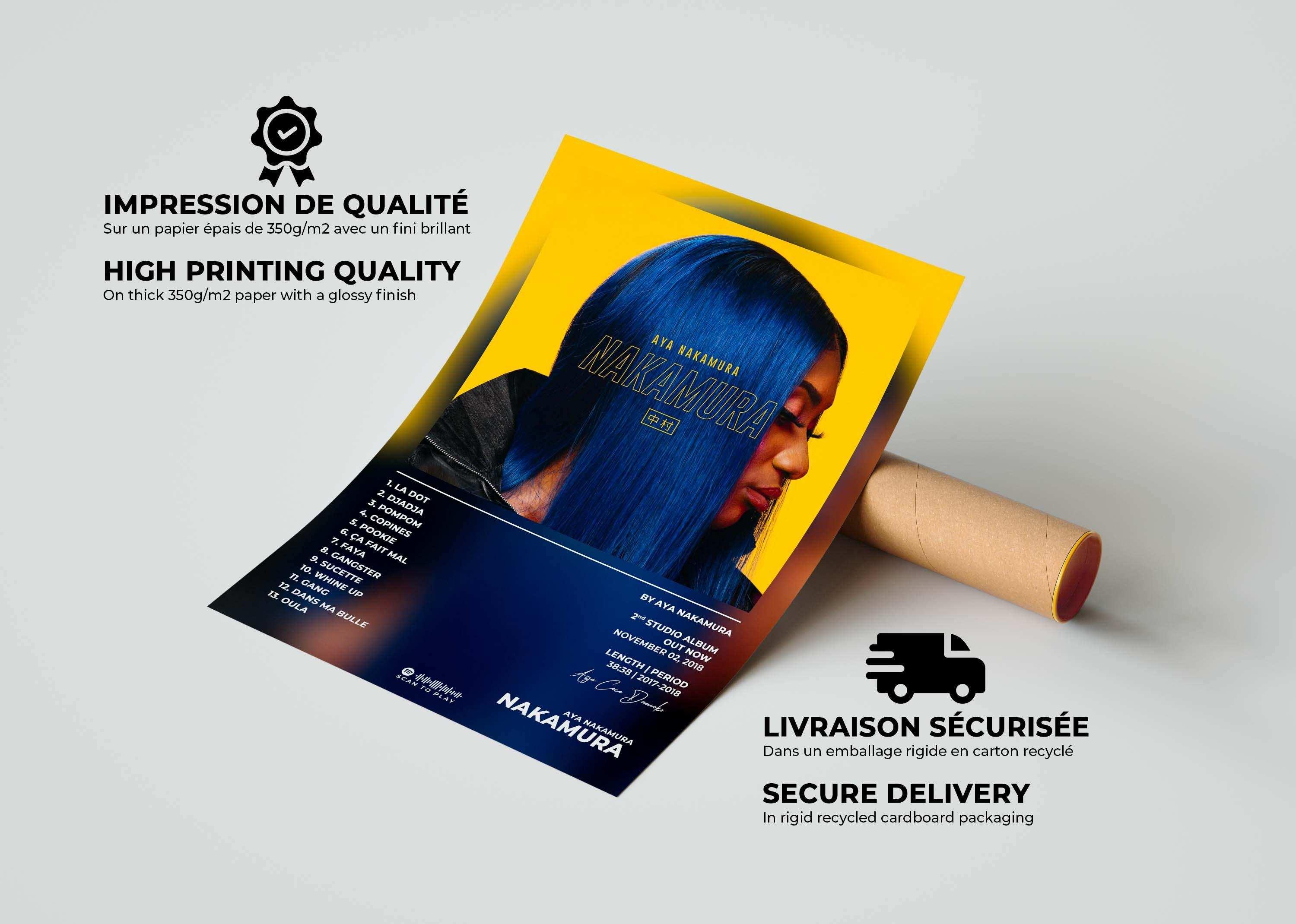 Affiche album Nakamura sur fond jaune et bleu, fait en France, livraison gratuite 48h, cadeau Noël