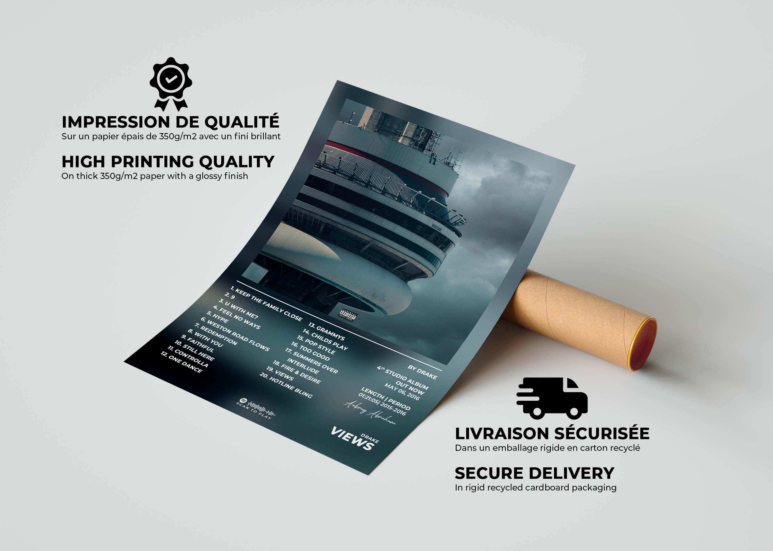 Affiche album avec tracklist dans tube carton, fait en France, livraison gratuite 48h, cadeau Noël idéal