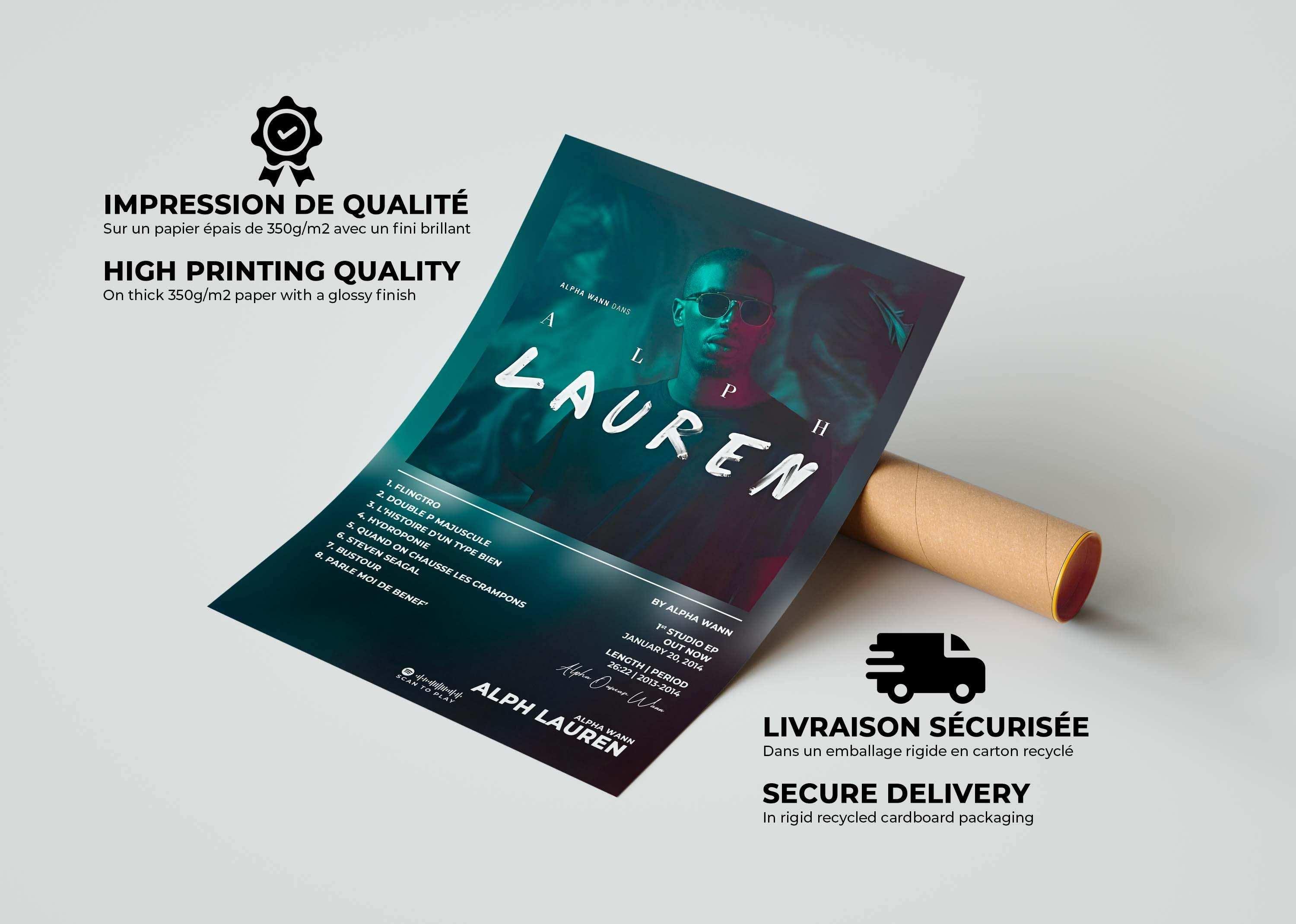 Poster ALPH LAUREN roulé sur fond clair, fait en France, livraison gratuite 48h, cadeau Noël idéal