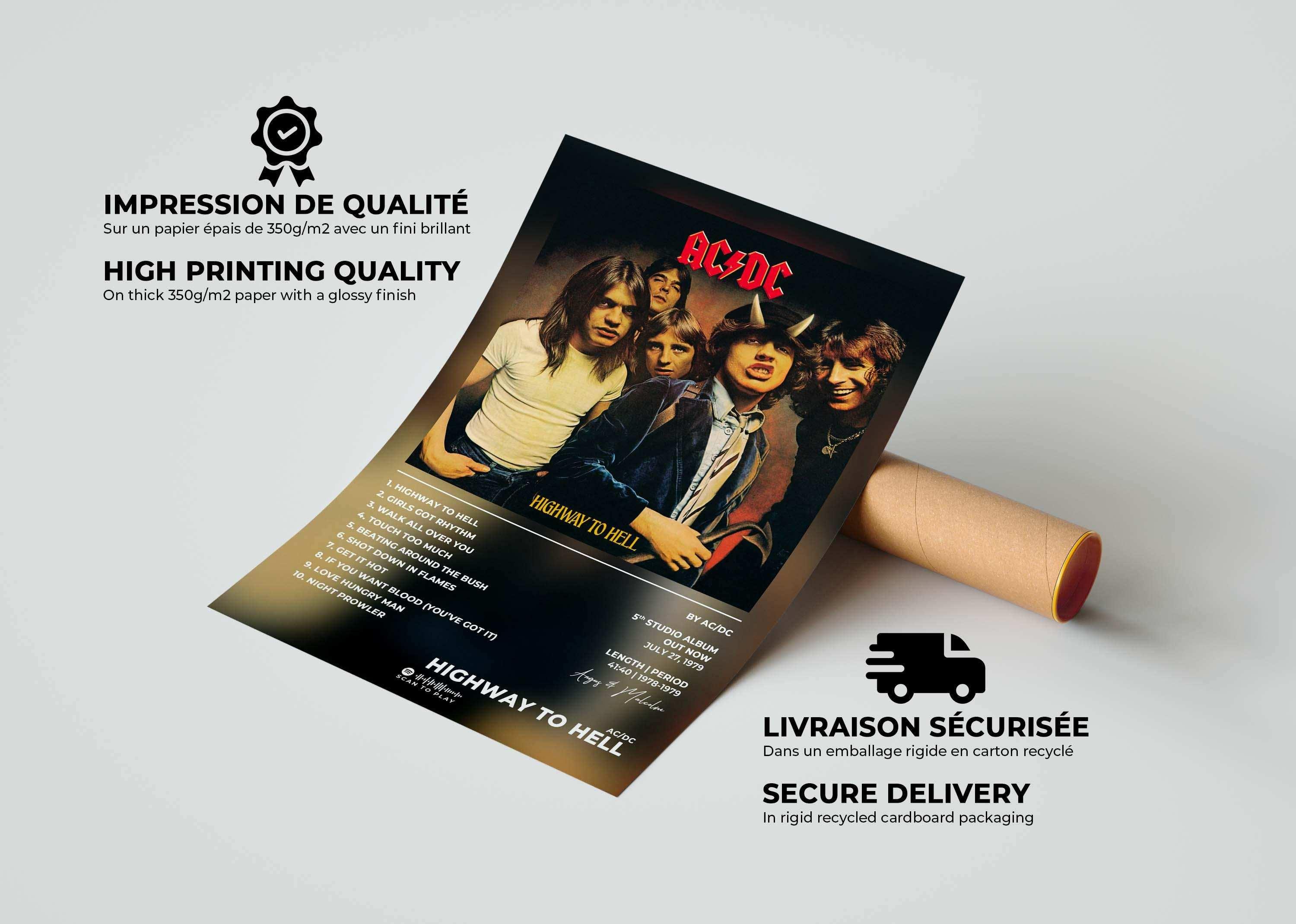 Affiche album AC/DC Highway to Hell, faite en France, livraison gratuite 48h, cadeau idéal Noël.