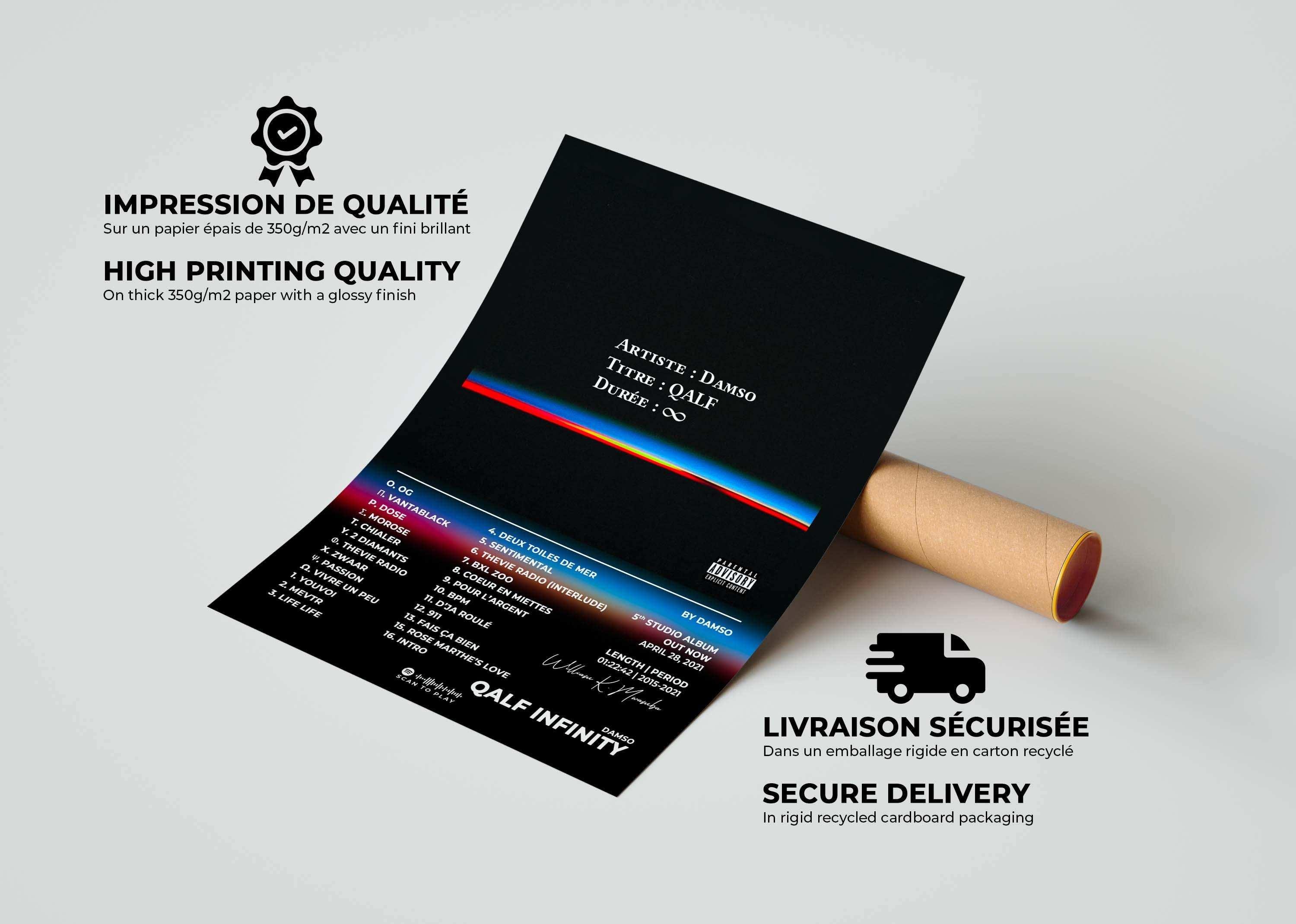 Affiche album Damso QALF sur papier épais, faite en France, livraison gratuite 48h, cadeau idéal Noël