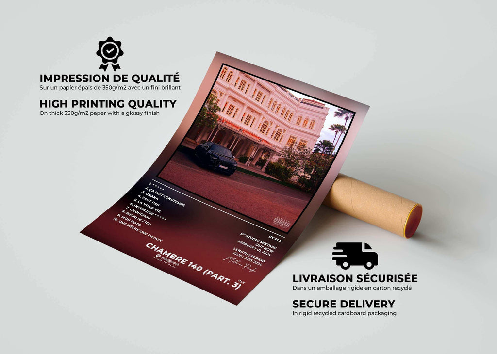 Affiche de qualité posée près d'un tube carton, fait en France, livraison gratuite 48h, cadeau idéal Noël