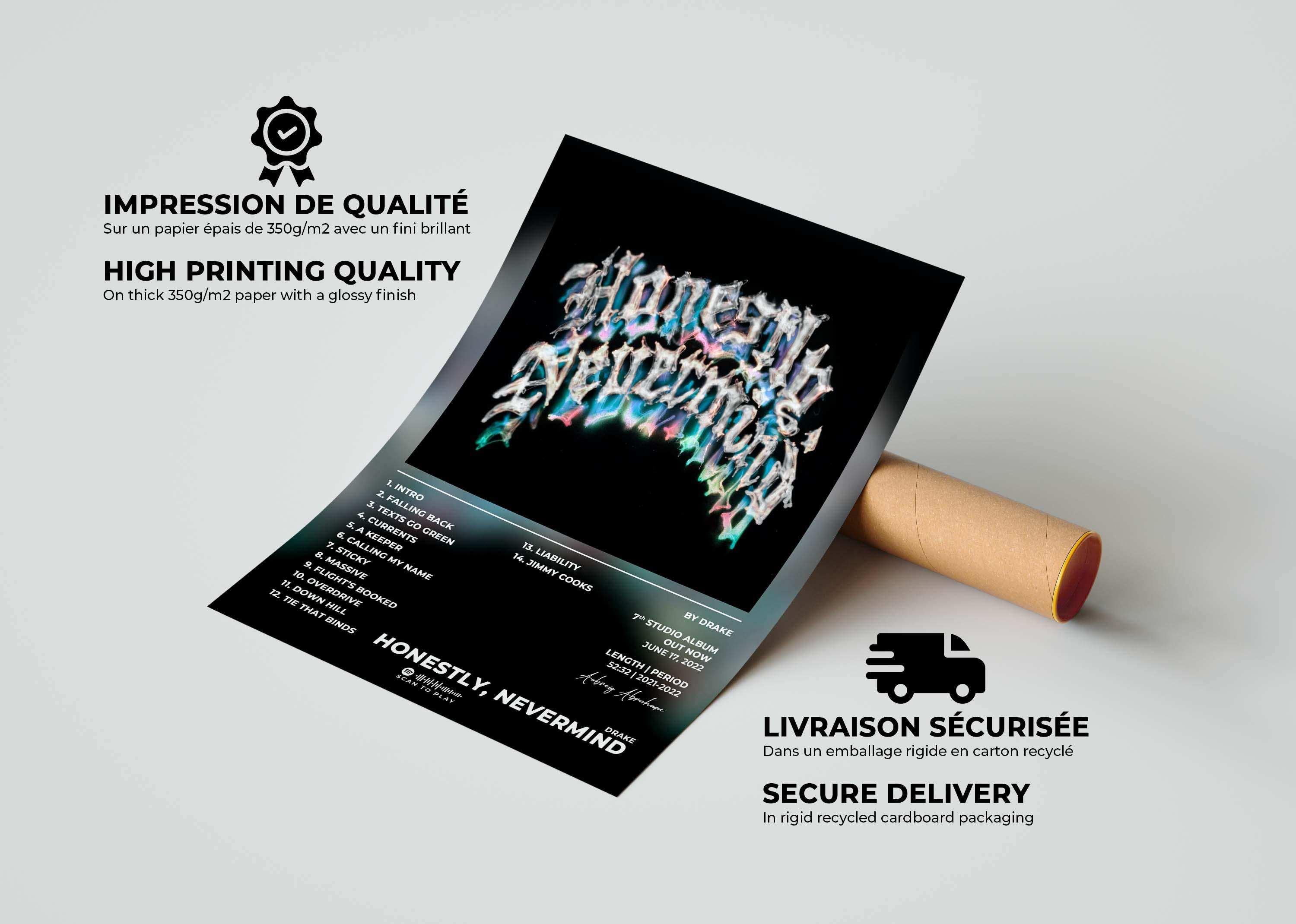 Affiche album Honestly, Nevermind enroulée, fait en France, livraison gratuite 48h, cadeau Noël idéal.