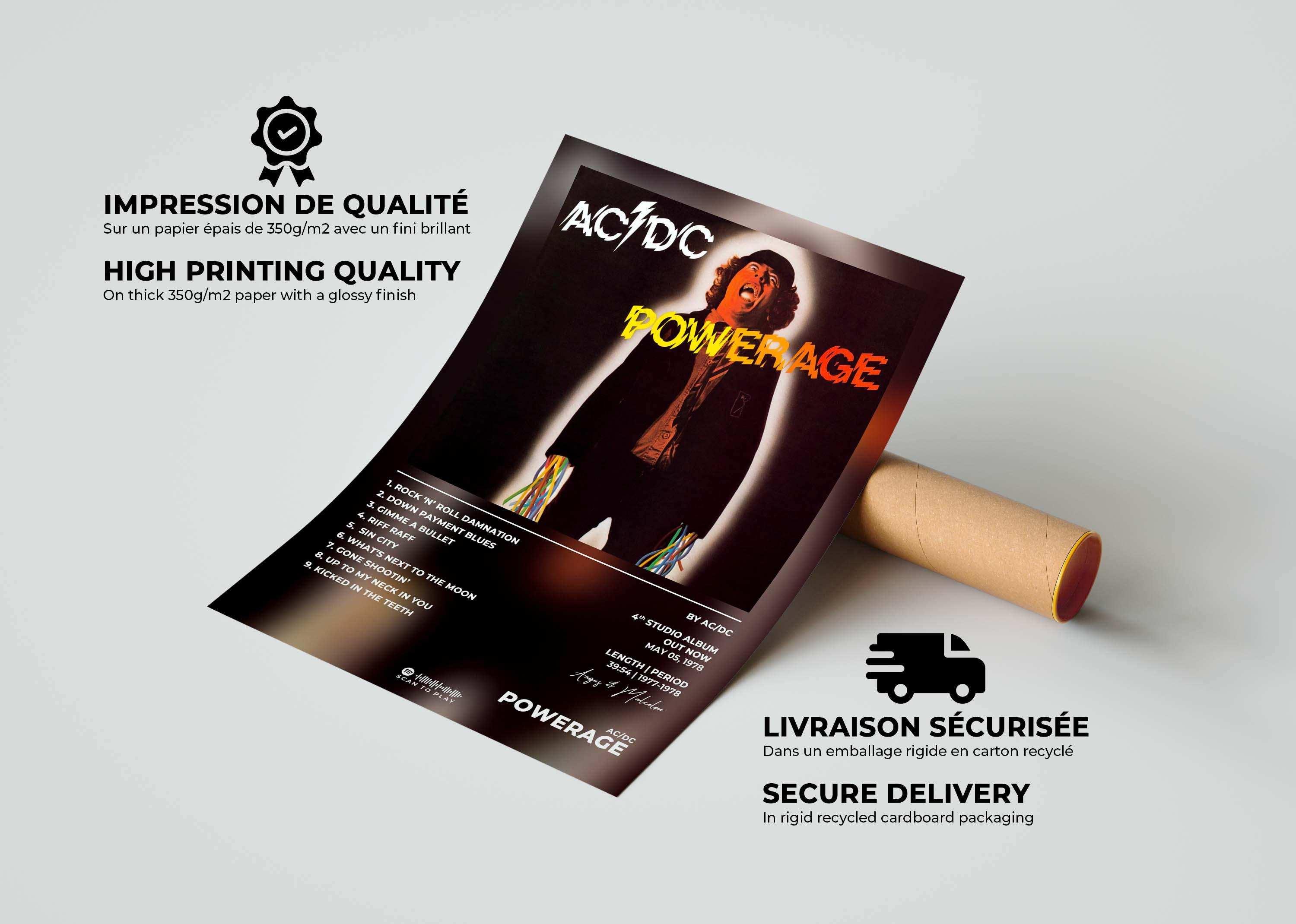 Affiche album AC/DC Powerage, faite en France, livraison gratuite 48h, cadeau idéal Noël.