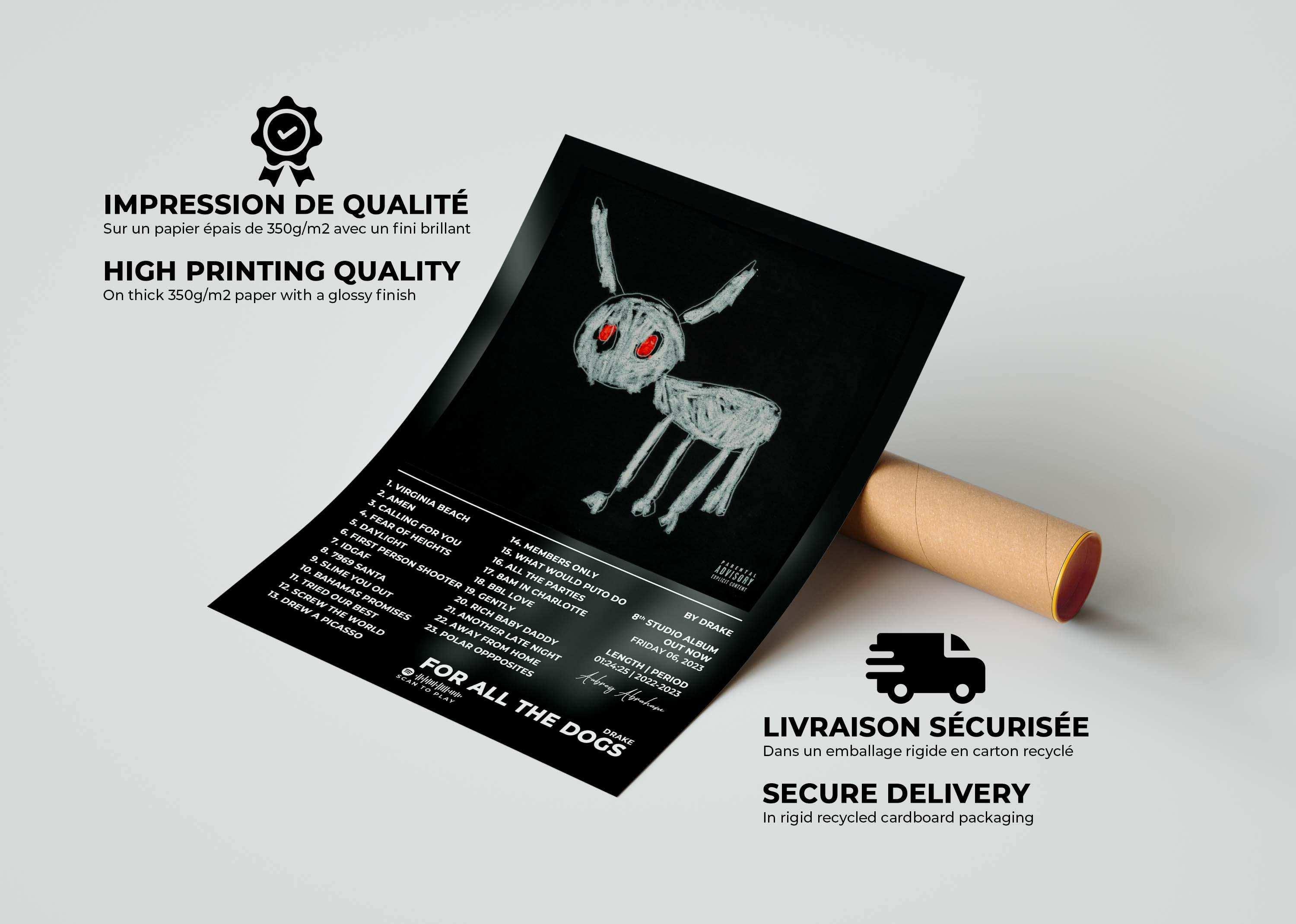 Affiche album noir avec dessin de chien blanc, fait en France, livraison gratuite 48h, cadeau idéal Noël