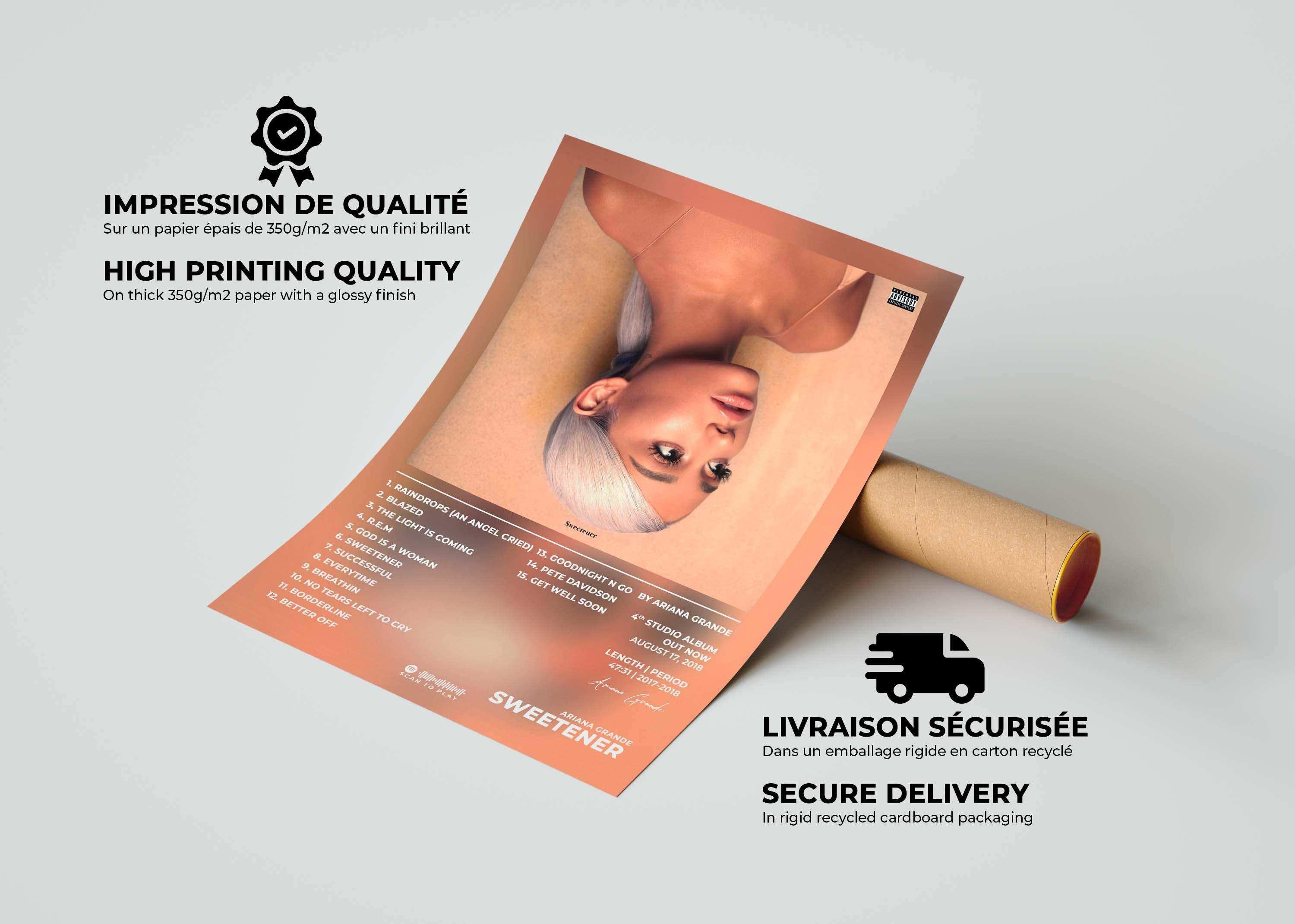 Affiche Sweetener posée à côté d'un tube en carton, fait en France, livraison gratuite 48h, cadeau Noël