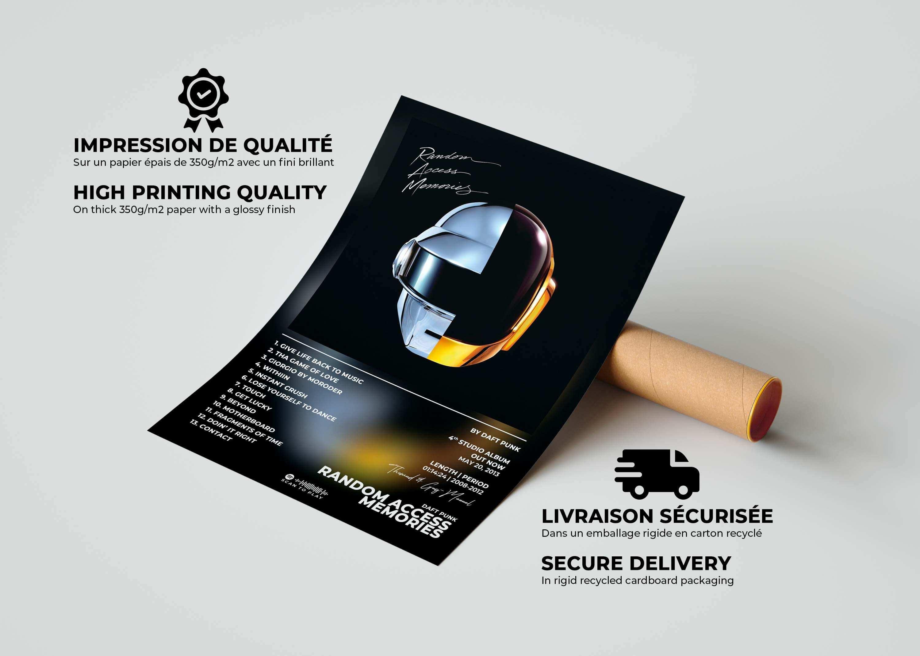 Affiche Daft Punk Random Access Memories enroulée, fabriquée en France, livraison gratuite 48h, cadeau idéal Noël