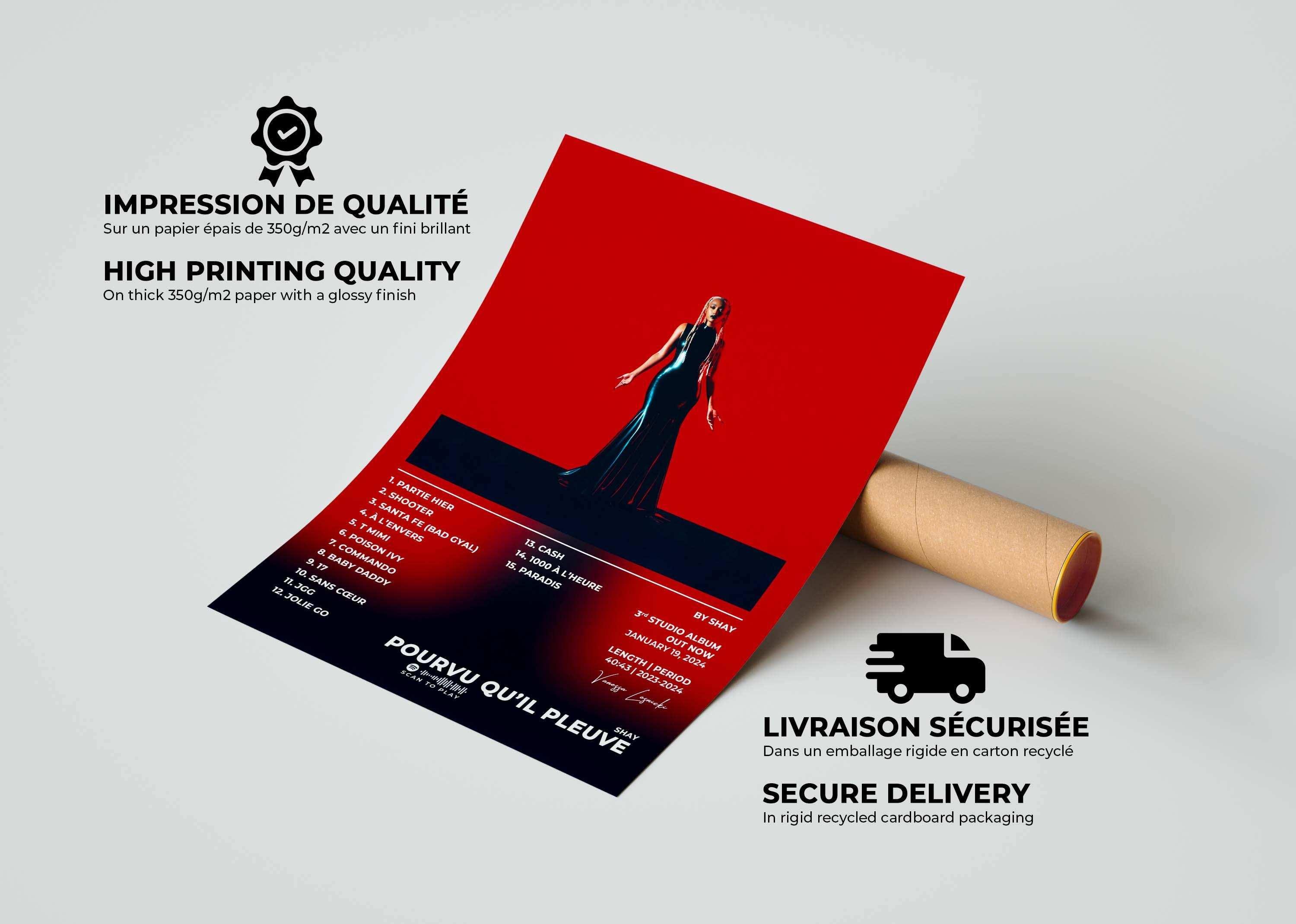 Affiche rouge d'une femme debout, fait en France, livraison gratuite en 48h, cadeau Noël idéal