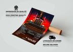 Poster de camion coloré sur fond rouge, fait en France, livraison gratuite 48h, cadeau idéal Noël