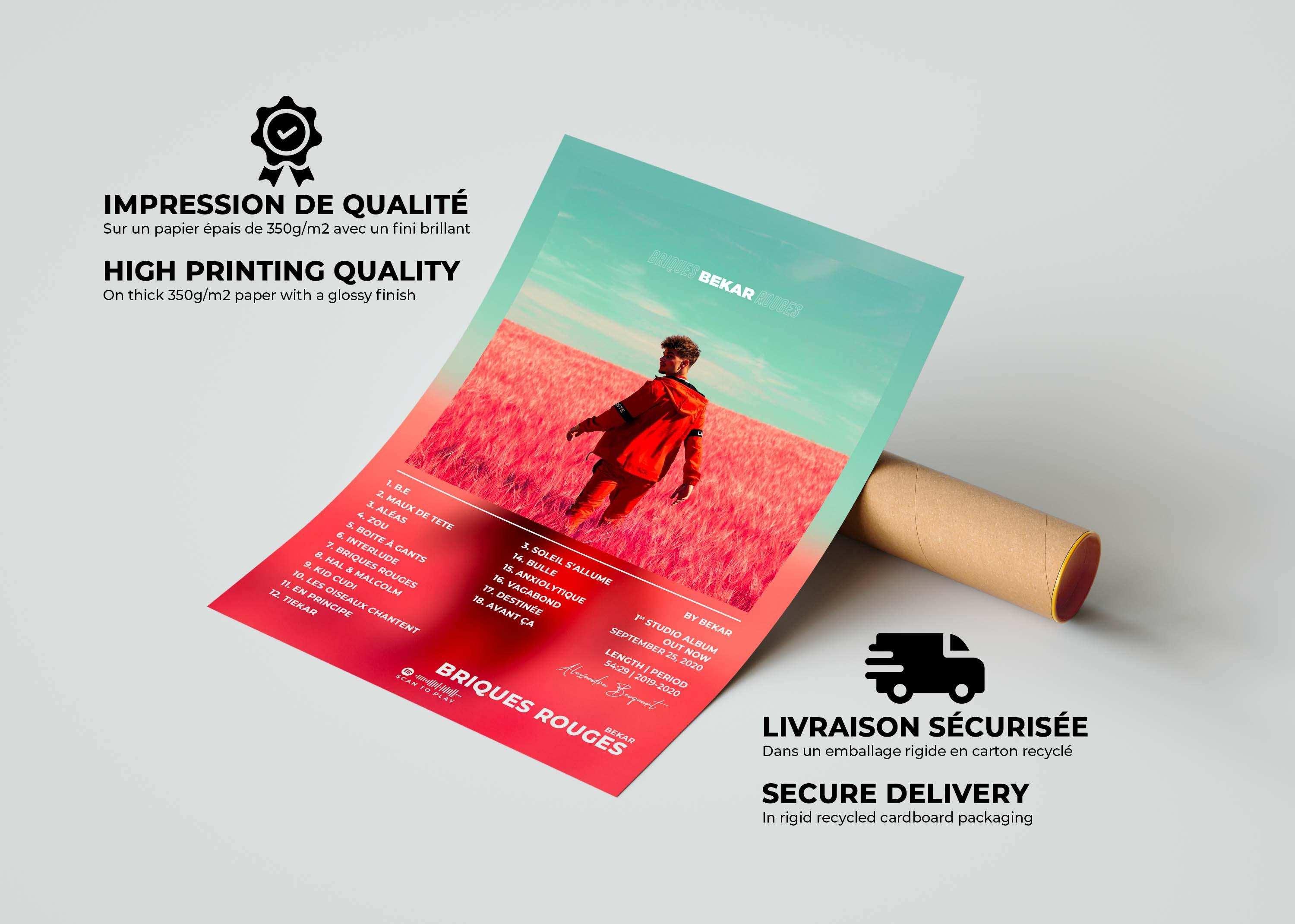 Affiche album Briques Rouges, homme dans un champ rose, fait en France, livraison gratuite 48h, cadeau Noël