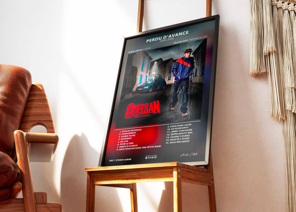Affiche encadrée album Perdu d'avance d'Orelsan sur chevalet, intérieur moderne, fait en France, livraison gratuite en 48h