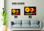 Guide des tailles A4 et A3 affiches murales avec portrait et disque doré, fait en France, livraison gratuite 48h