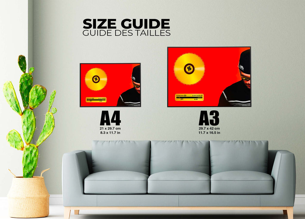 Guide des tailles A4 et A3 affiches murales avec disque vinyle doré, fait en France, livraison gratuite 48h