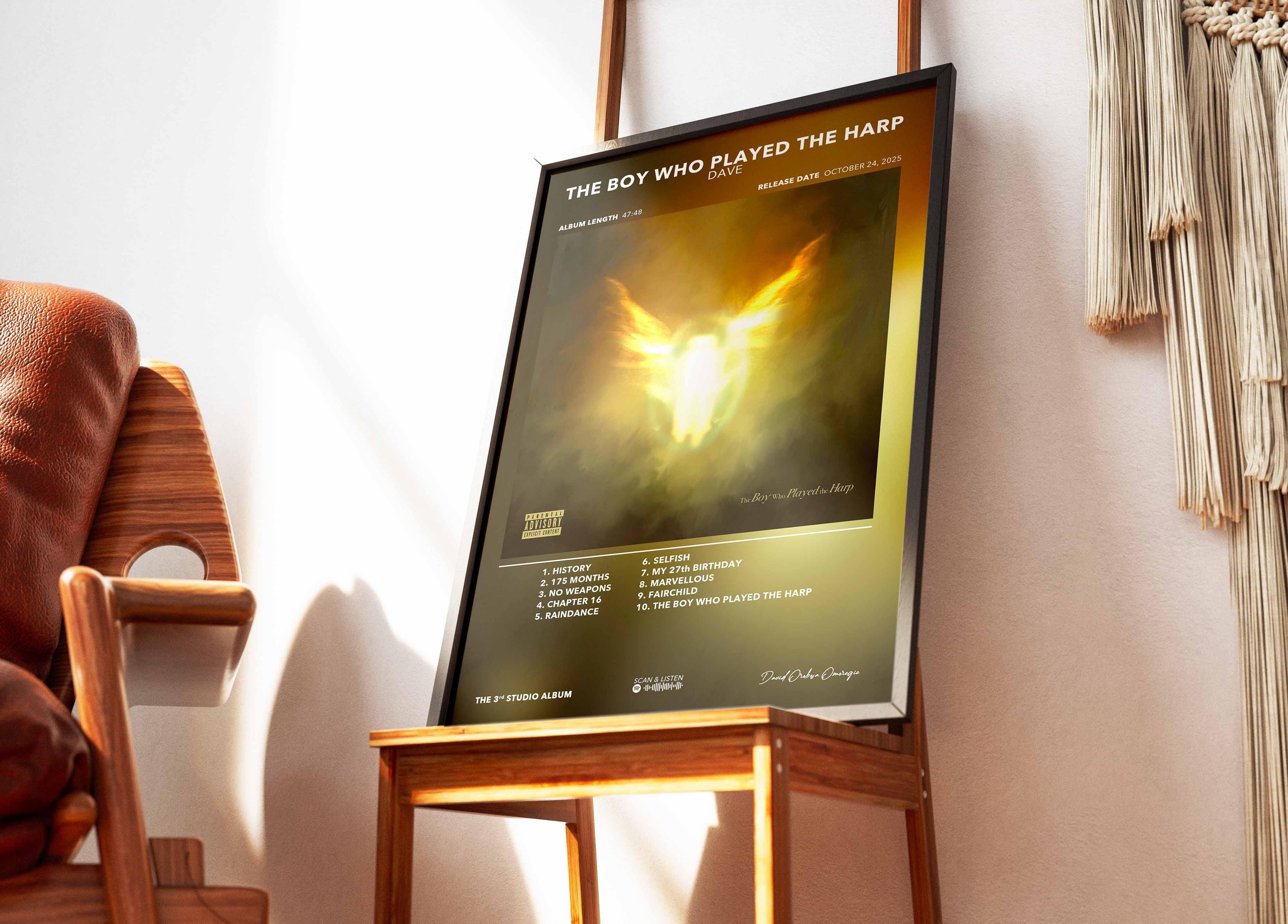 Affiche album The Boy Who Played The Harp sur chevalet en bois, fait en France, livraison gratuite 48h