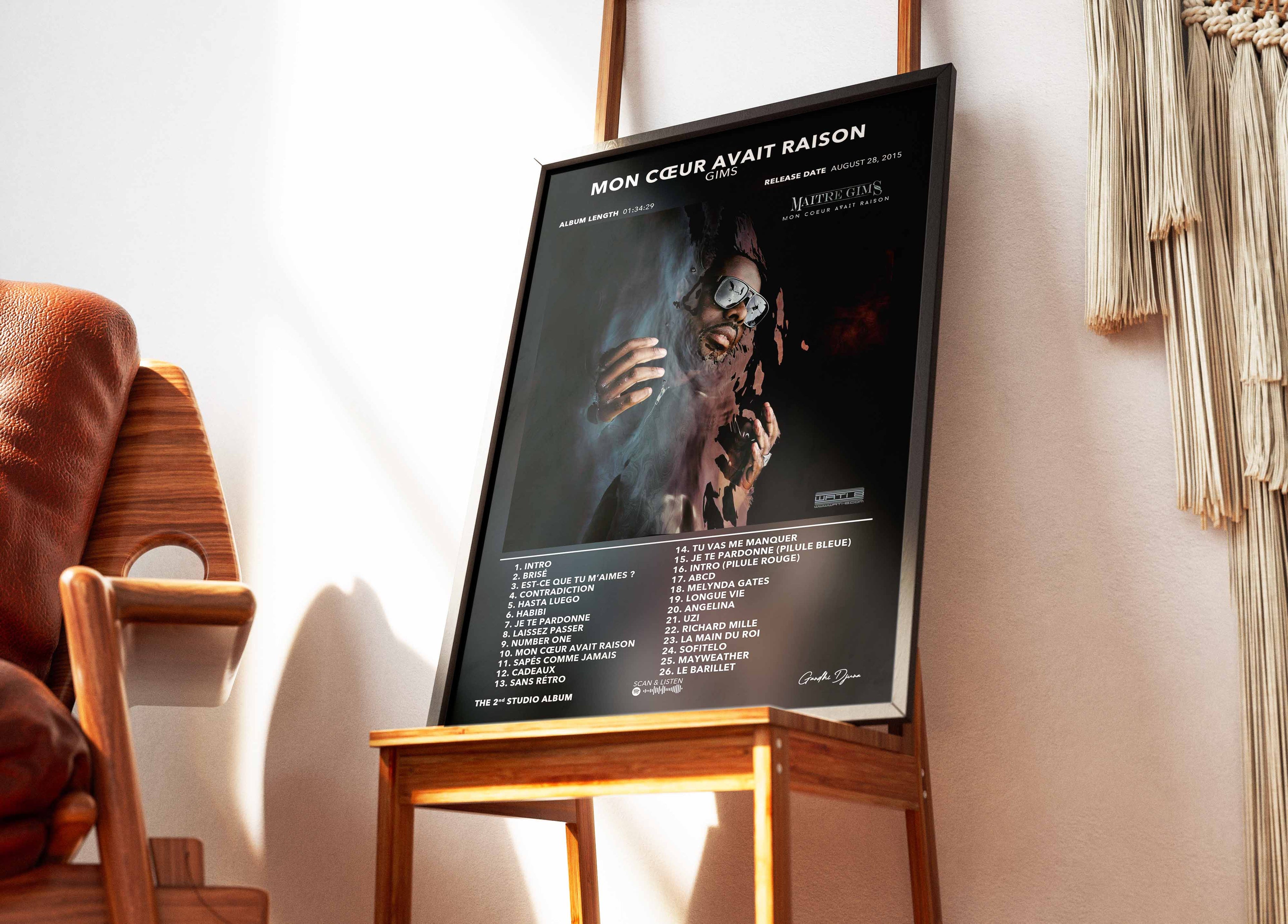 Affiche de l'album Mon cœur avait raison de Gims, portrait sombre, fait en France, livraison gratuite 48h