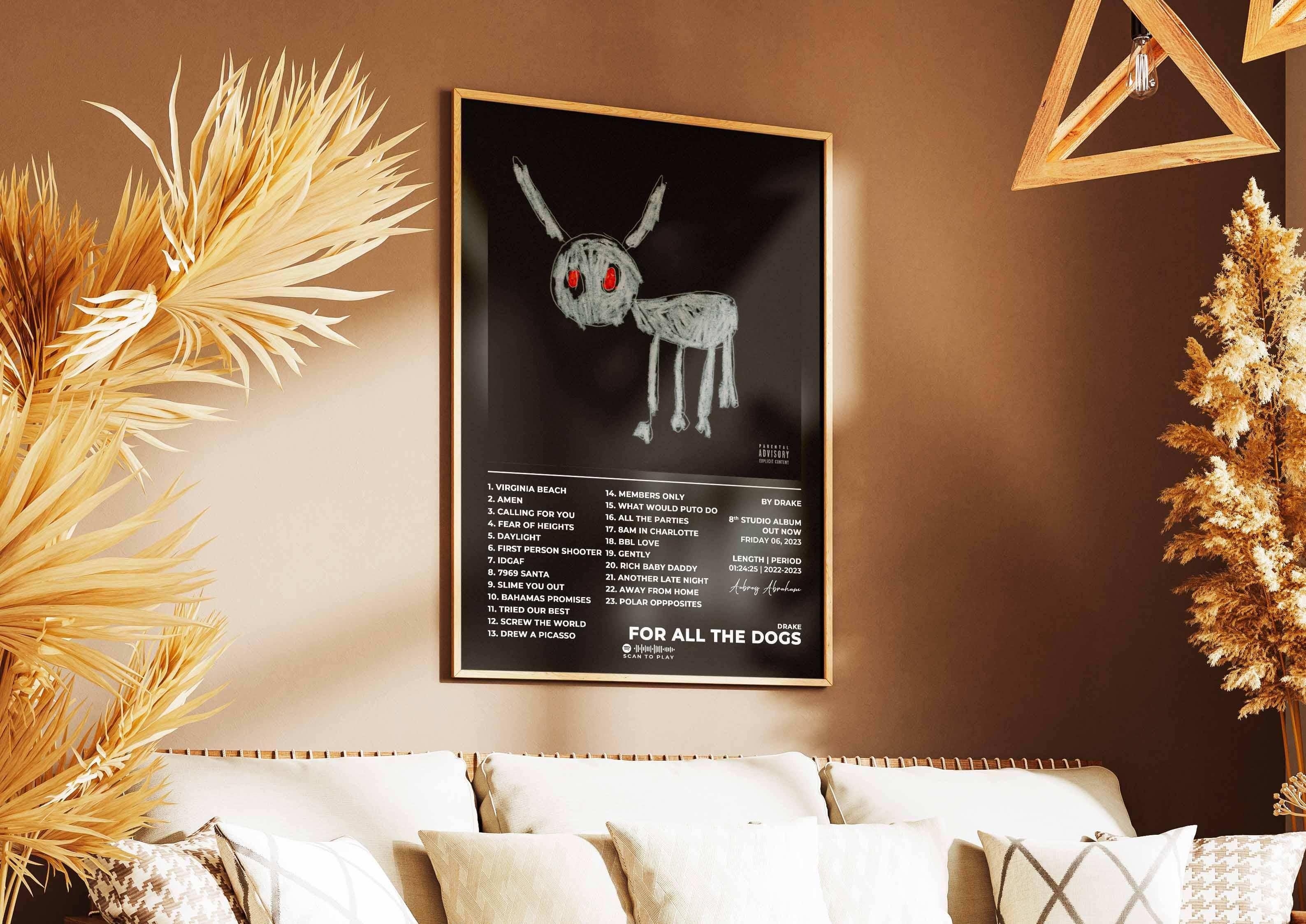 Affiche album For All The Dogs accrochée au mur, faite en France, livraison 48h gratuite, cadeau idéal pour Noël