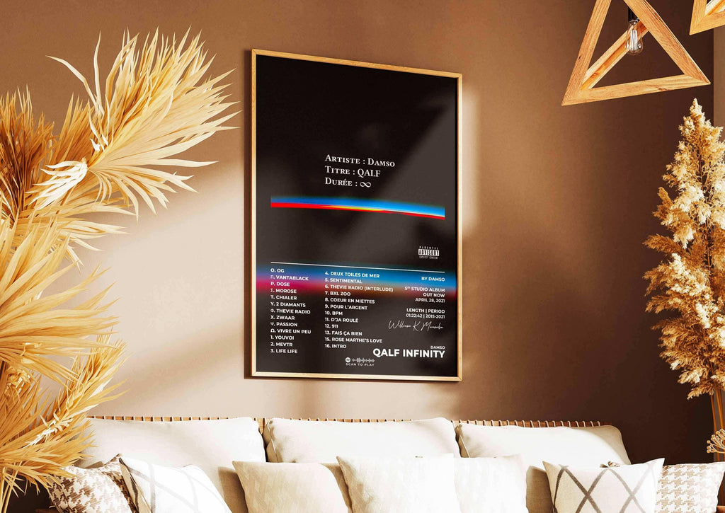 Affiche QALF Infinity Damso accrochée dans un salon, fait en France, livraison gratuite 48h, cadeau idéal pour Noel