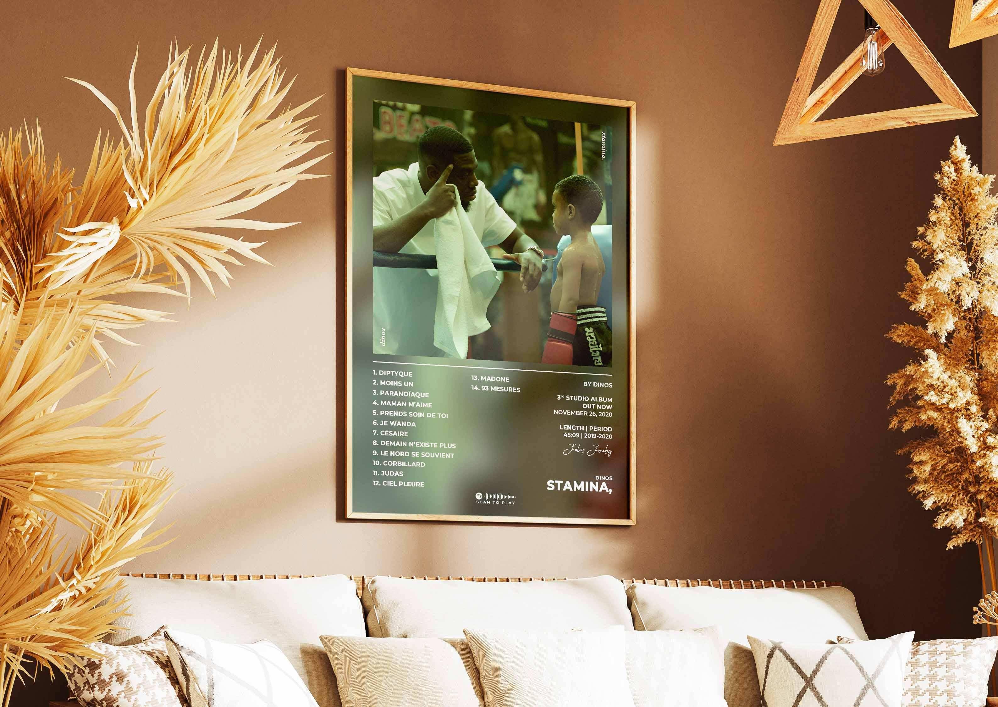 Affiche encadrée Stamina Dinos sur un mur de salon, fait en France, livraison gratuite 48h, cadeau idéal Noël