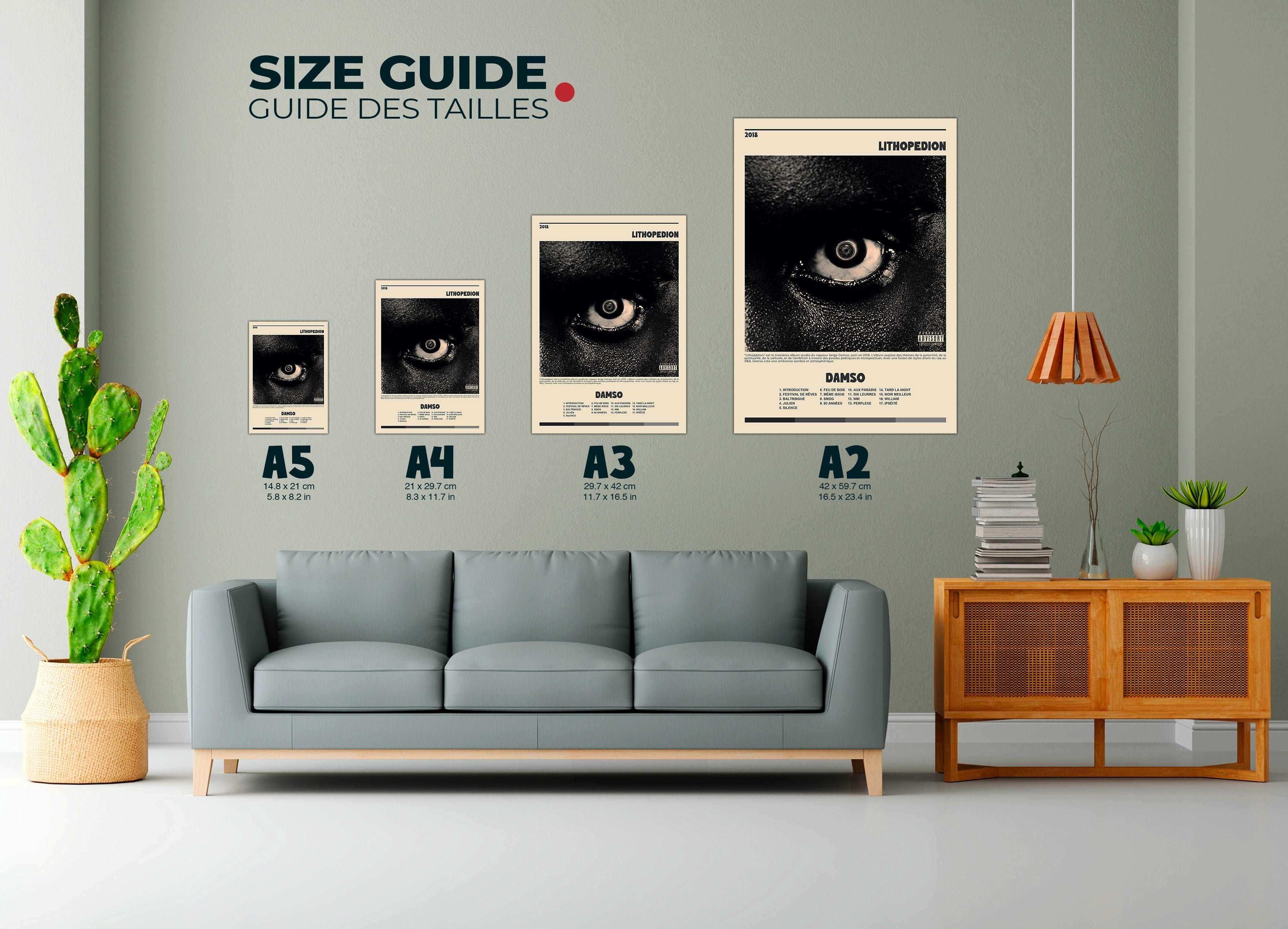 Posters formats A5 à A2 accrochés au mur dans un salon moderne, fait en France, livraison gratuite 48h, cadeau idéal pour Noël.