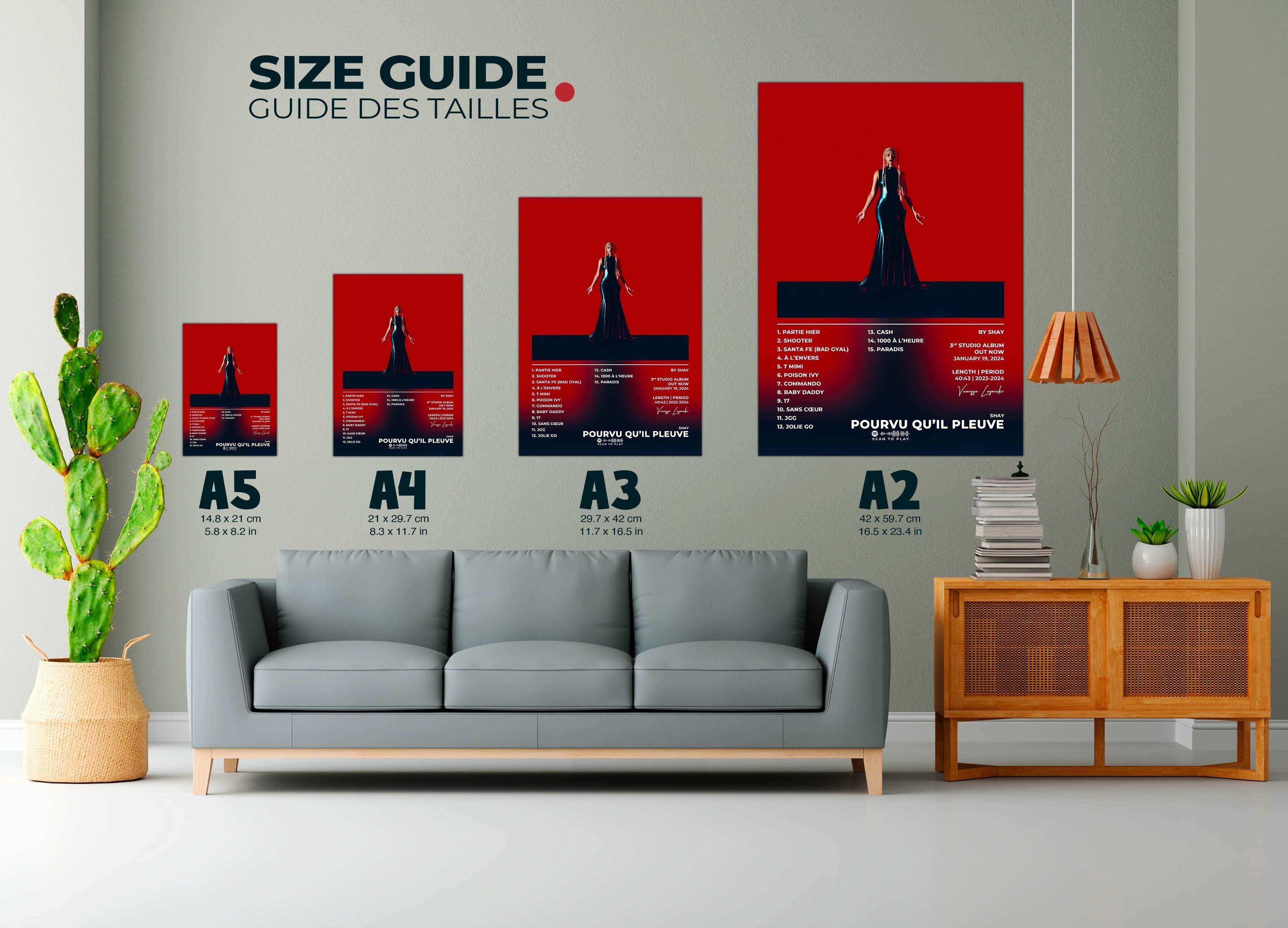 Affiches murales rouges de différentes tailles dans un salon, fait en France, livraison 48h, cadeau idéal Noël