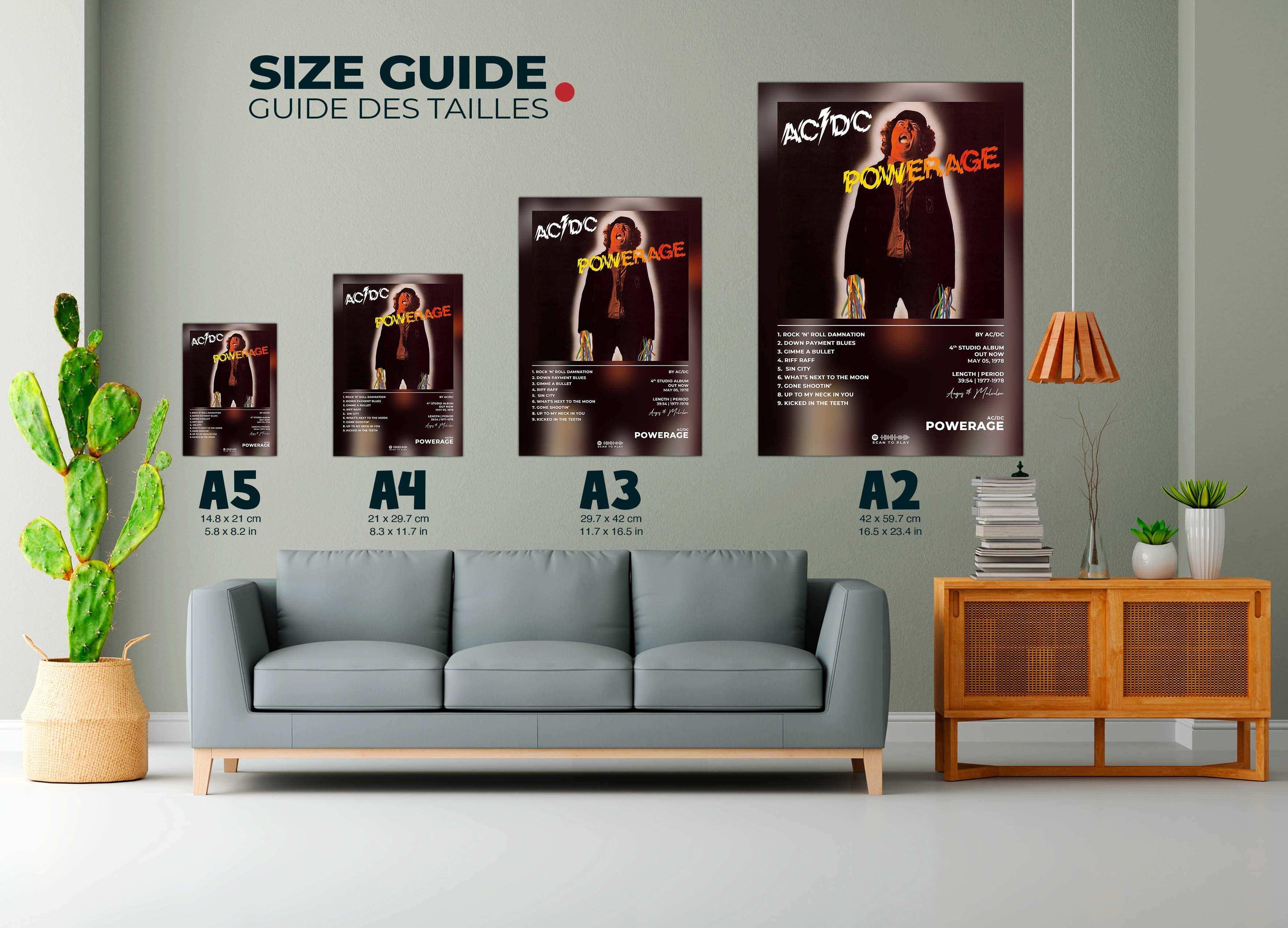 Guide des tailles de posters AC/DC Powerage dans un salon moderne, fait en France, livraison gratuite 48h, cadeau idéal Noël