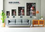 Guide des tailles de posters accrochés au mur dans un salon, fait en France, livraison gratuite 48h, cadeau idéal pour Noël