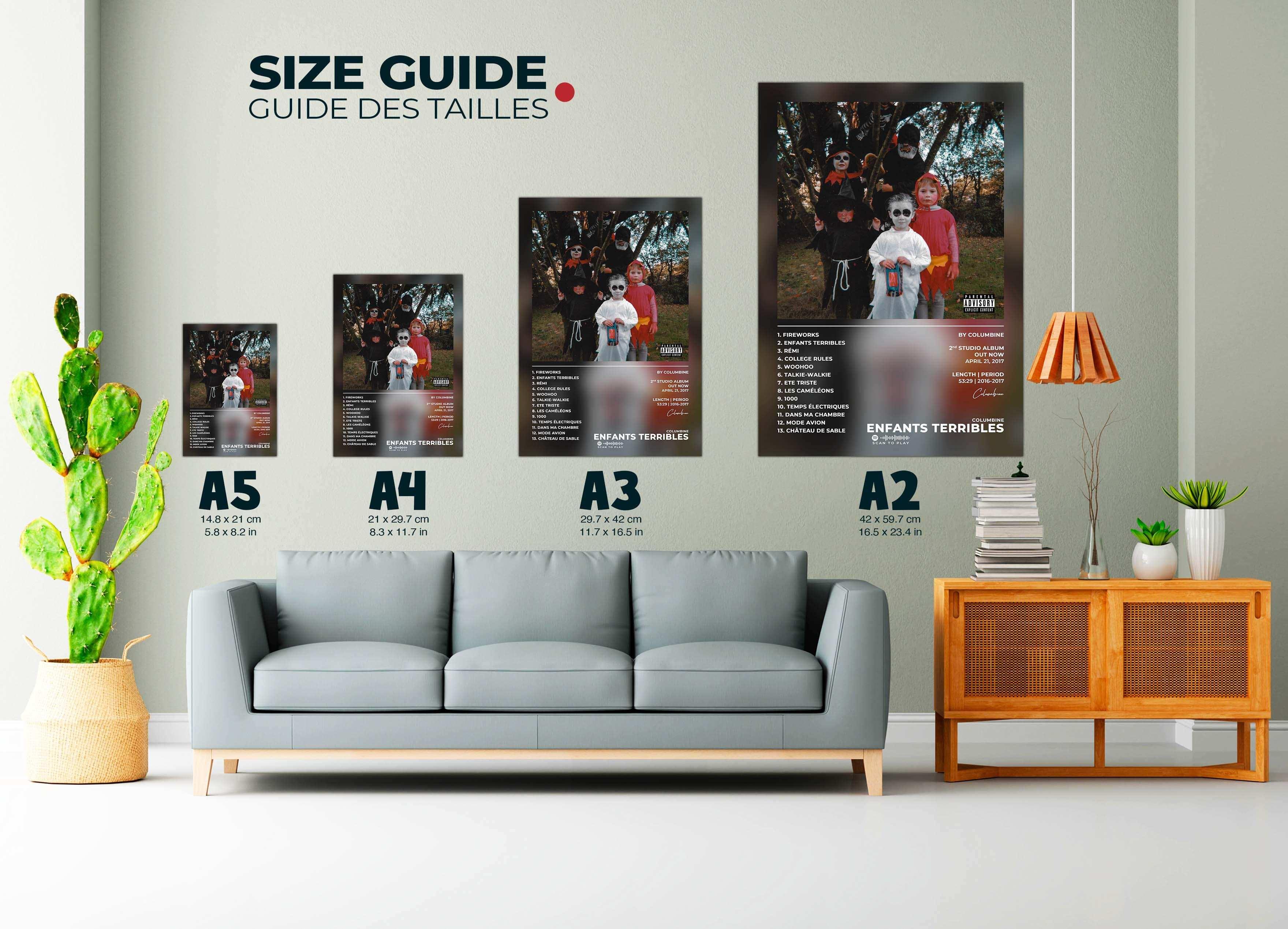 Guide des tailles de posters accrochés au mur dans un salon, fait en France, livraison gratuite 48h, cadeau idéal pour Noël