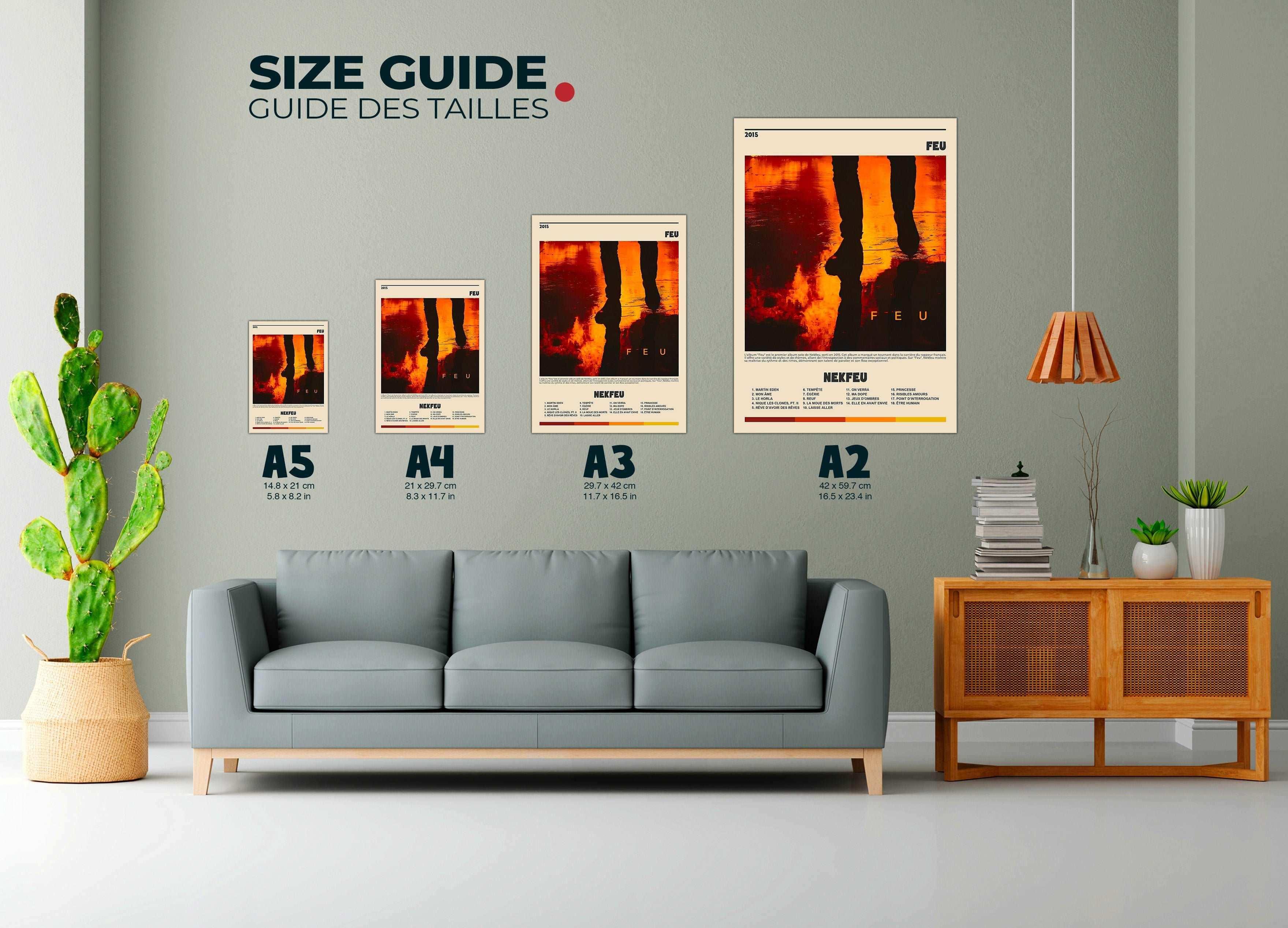 Affiches de différentes tailles accrochées sur un mur, fait en France, livraison 48h gratuite, cadeau idéal Noël