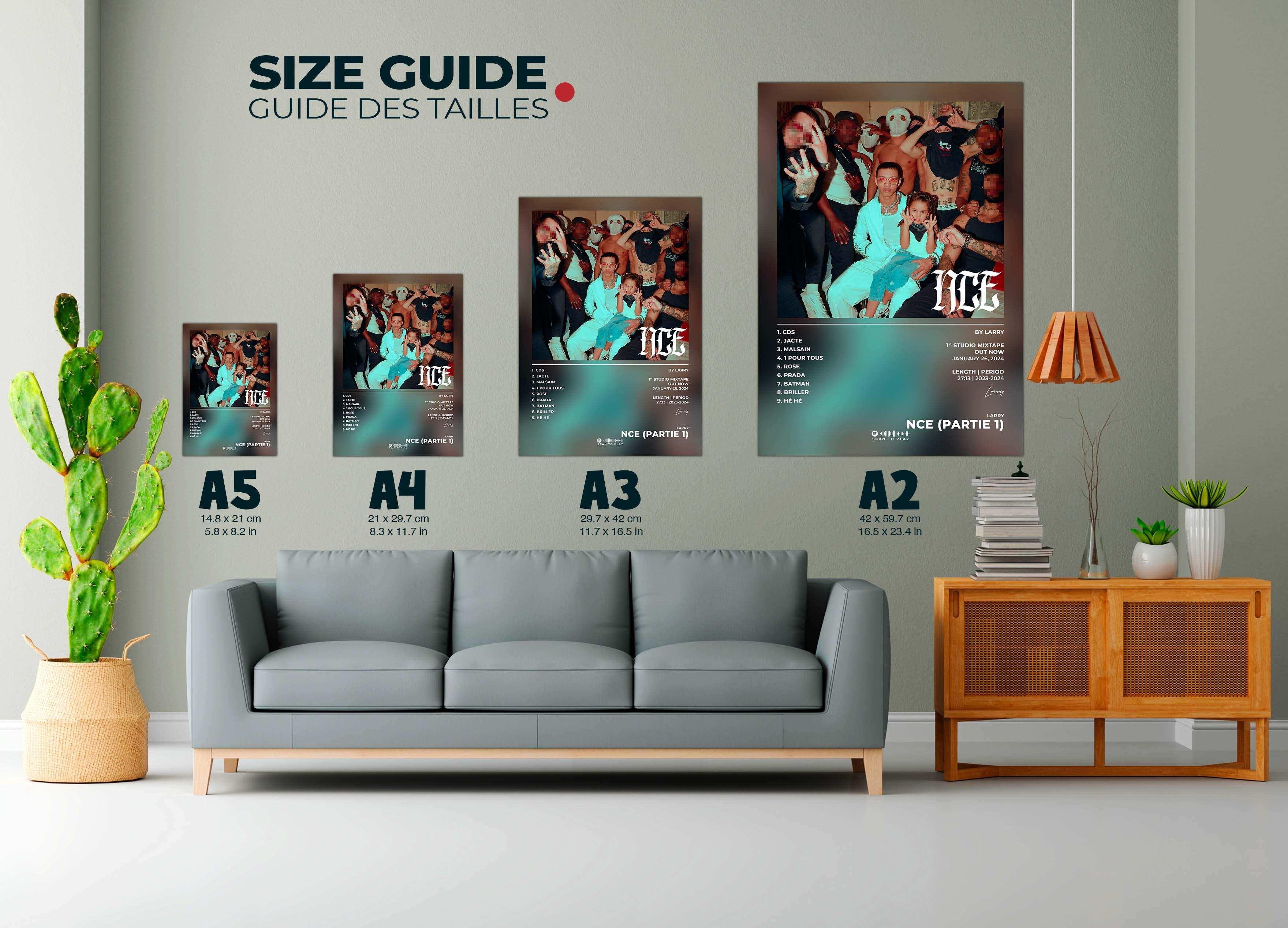 Guide des tailles de posters avec canapé, fait en France, livraison 48h gratuite, cadeau Noël idéal